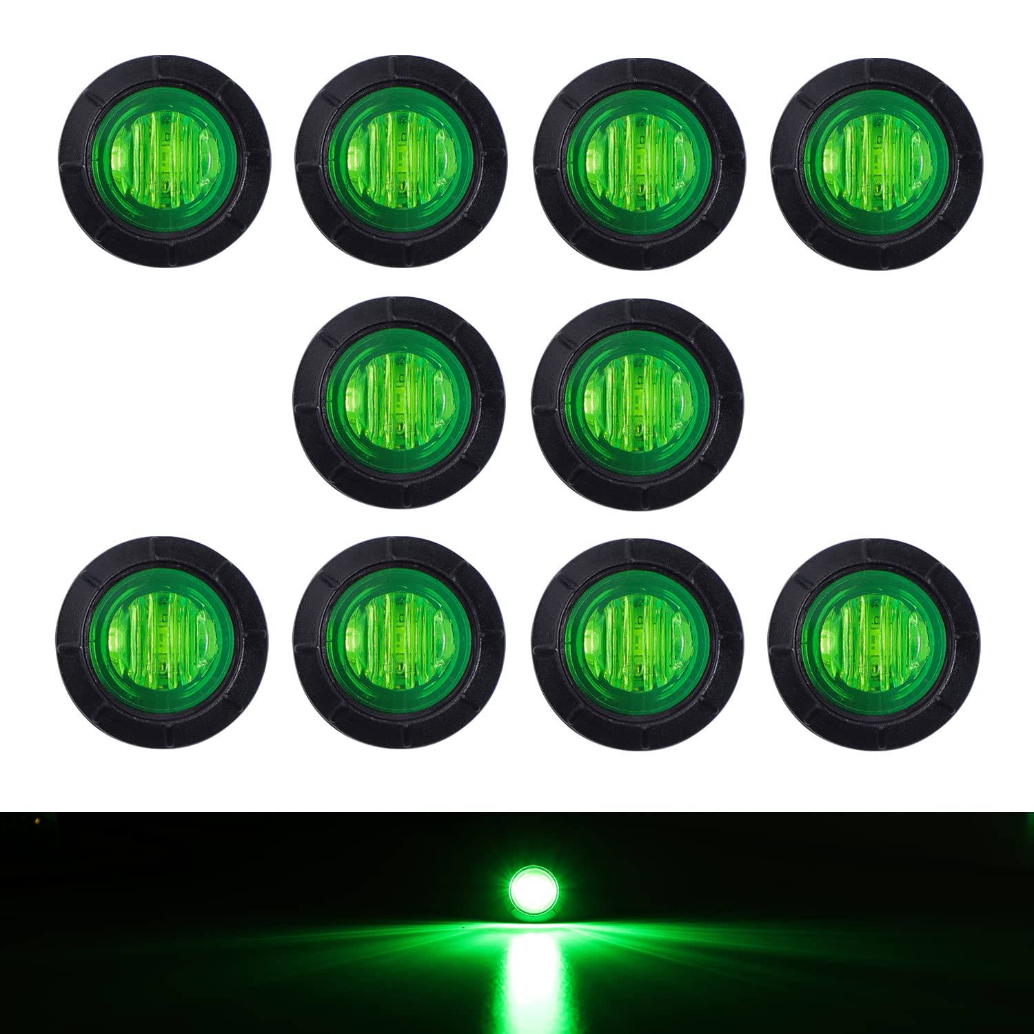 10pcs 3/4 Inch Round Green LED Side Marker Lights - Waterproof 12V DC 3-LED for Trailer, Truck, Bus, Boat, RV, Caravan & ATV - Clearance & Safety Lighting for Night Driving & Outdoor Adventures