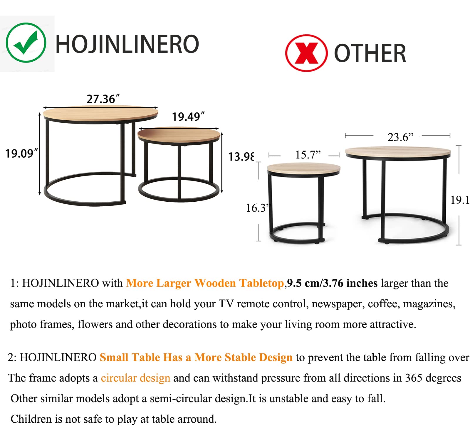 HOJINLINERO 2-Piece Round Coffee Table Set - Stackable End Tables for Living Room, Sturdy & Easy Assembly, Wood Look Accent Furniture with Metal Frame, Industrial Modern Style in White & Teak Oak - Perfect for Small Spaces, Sofa Side Tables, Coffee Table Alternatives, Home Office & Apartment Decor