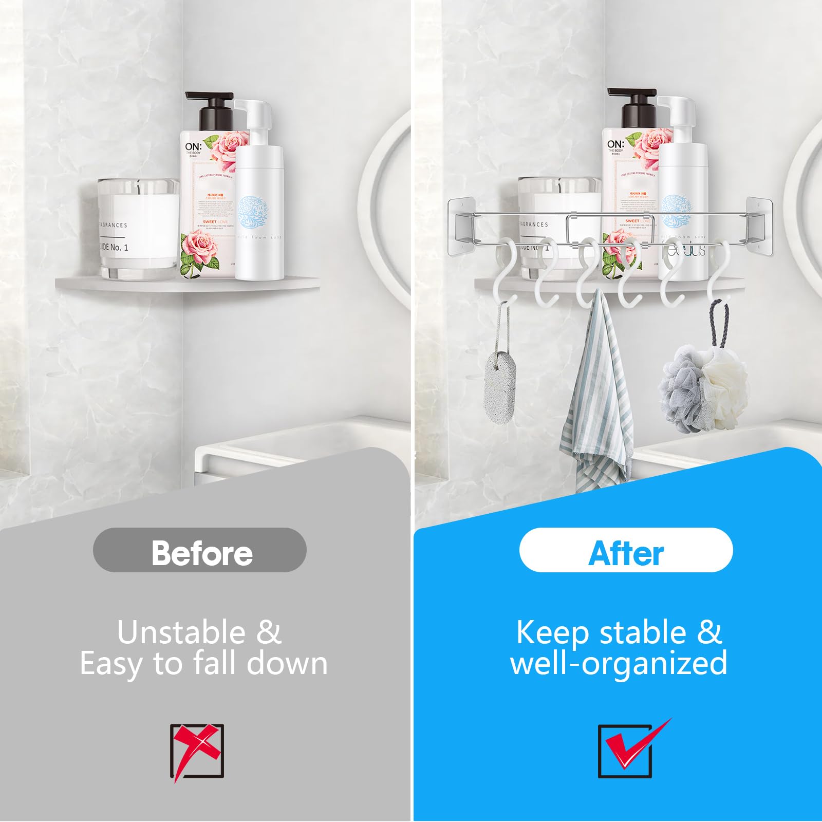 Adjustable Stainless Steel RV Shower Tension Rod with 6 Hooks - Space-Saving Bathroom Organizer for RV, Camper, Travel Trailer & Boat - Perfect for Storing Toiletries, Towels & Shower Accessories