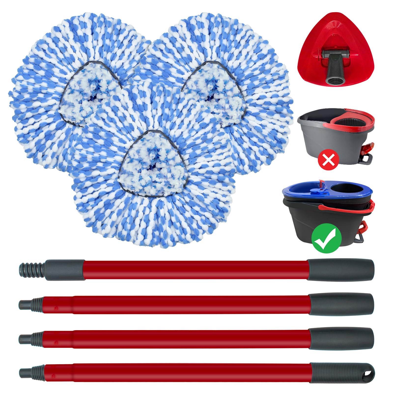 O-Cedar RinseClean Spin Mop Replacement Kit - 3 Mop Heads, Adjustable 30-58 Inch Iron Handle & Triangle Cover | Compatible with O-Cedar 2-Tank System | Perfect for Hardwood Floors, Tile & Kitchen Cleaning