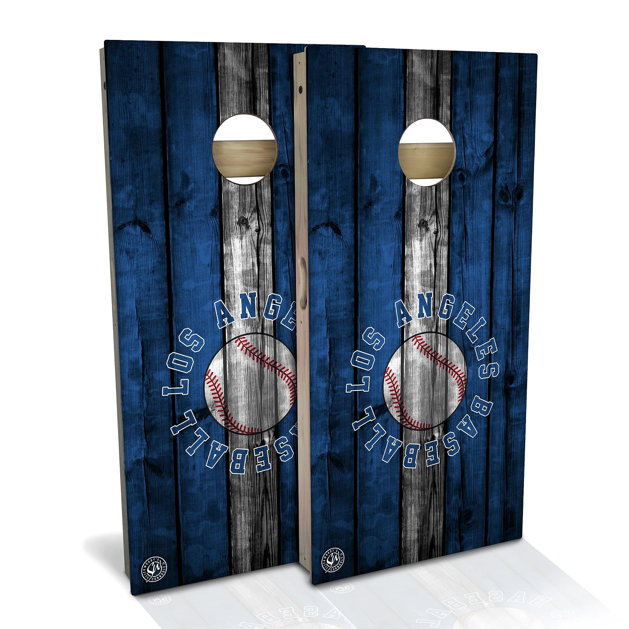 Skip's Garage Los Angeles Themed Baseball Cornhole Set - Premium Solid Wood Custom Cornhole Boards - Made in USA - Choose Size & Accessories - Perfect for Backyard BBQs, Tailgate Parties & Game Nights