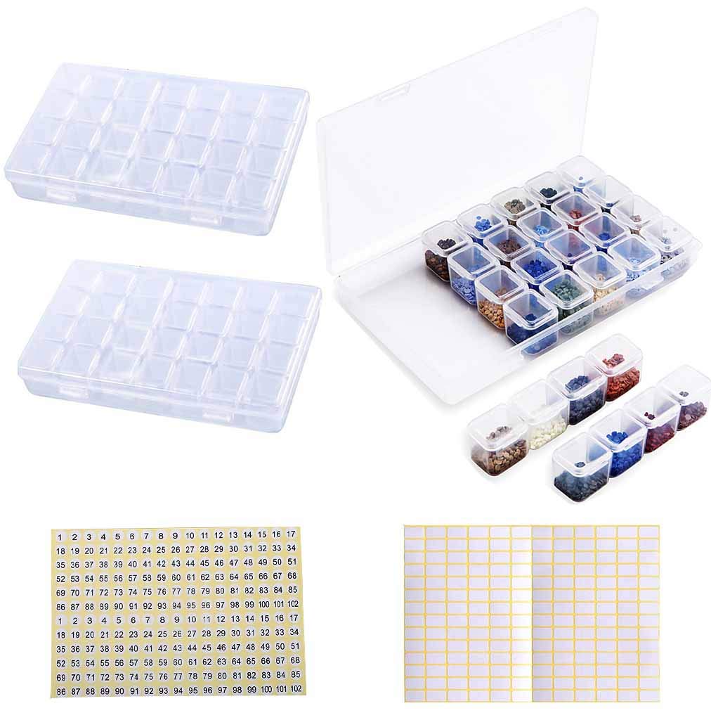 Eiito 28 Grid Diamond Painting Storage Containers - 2 Pack Clear Bead Organizer Box with 200 Label Stickers | Diamond Art Embroidery Accessories for Crafting, Scrapbooking & DIY Projects