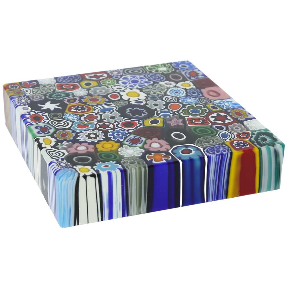 Hand Blown Murano Glass Millefiori Square Paperweight 4 Inch - Venetian Collectible Decor for Home & Office - Perfect as Bookend, Desk Accessory or Gift for Art Lovers