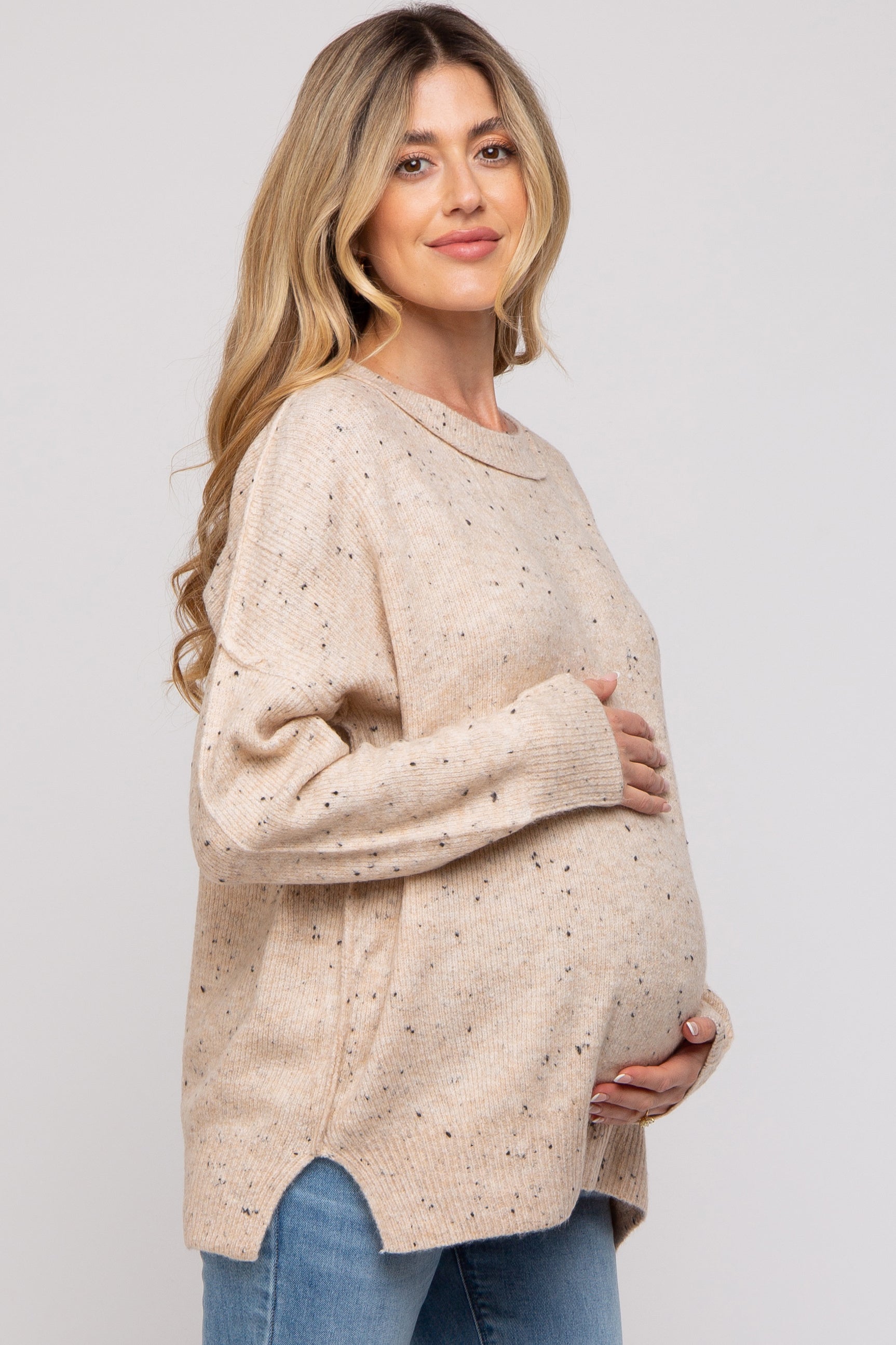 Beige Speckled Knit Maternity Sweater for Women - Soft Comfortable Pregnancy Top - Perfect for Casual Wear, Baby Shower & Maternity Photos