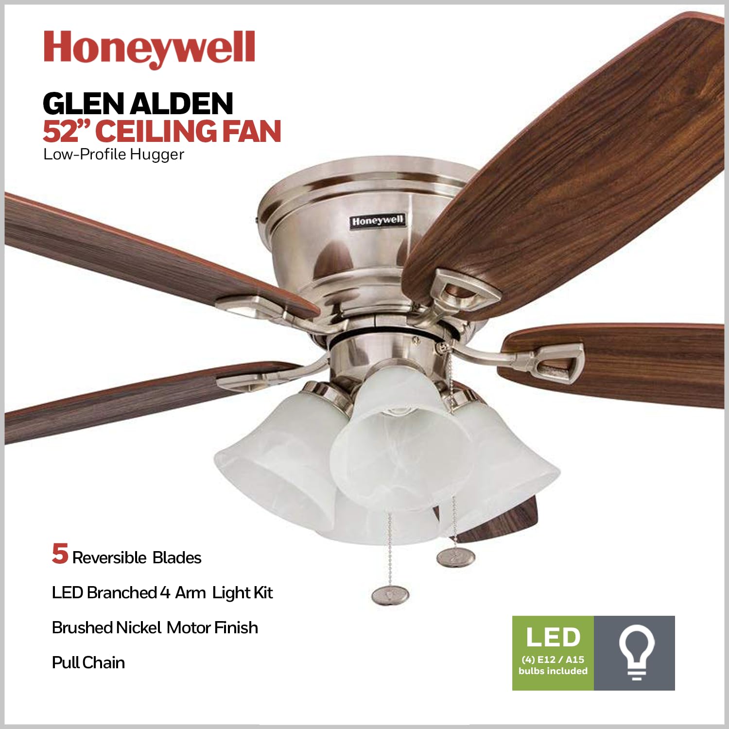 Honeywell 52 Inch Brushed Nickel Ceiling Fan with LED Light - Quick-2-Hang Flush Mount Indoor Fan, Reversible Motor & Dual Finish Blades for Living Room, Bedroom & Office (Model 50182)