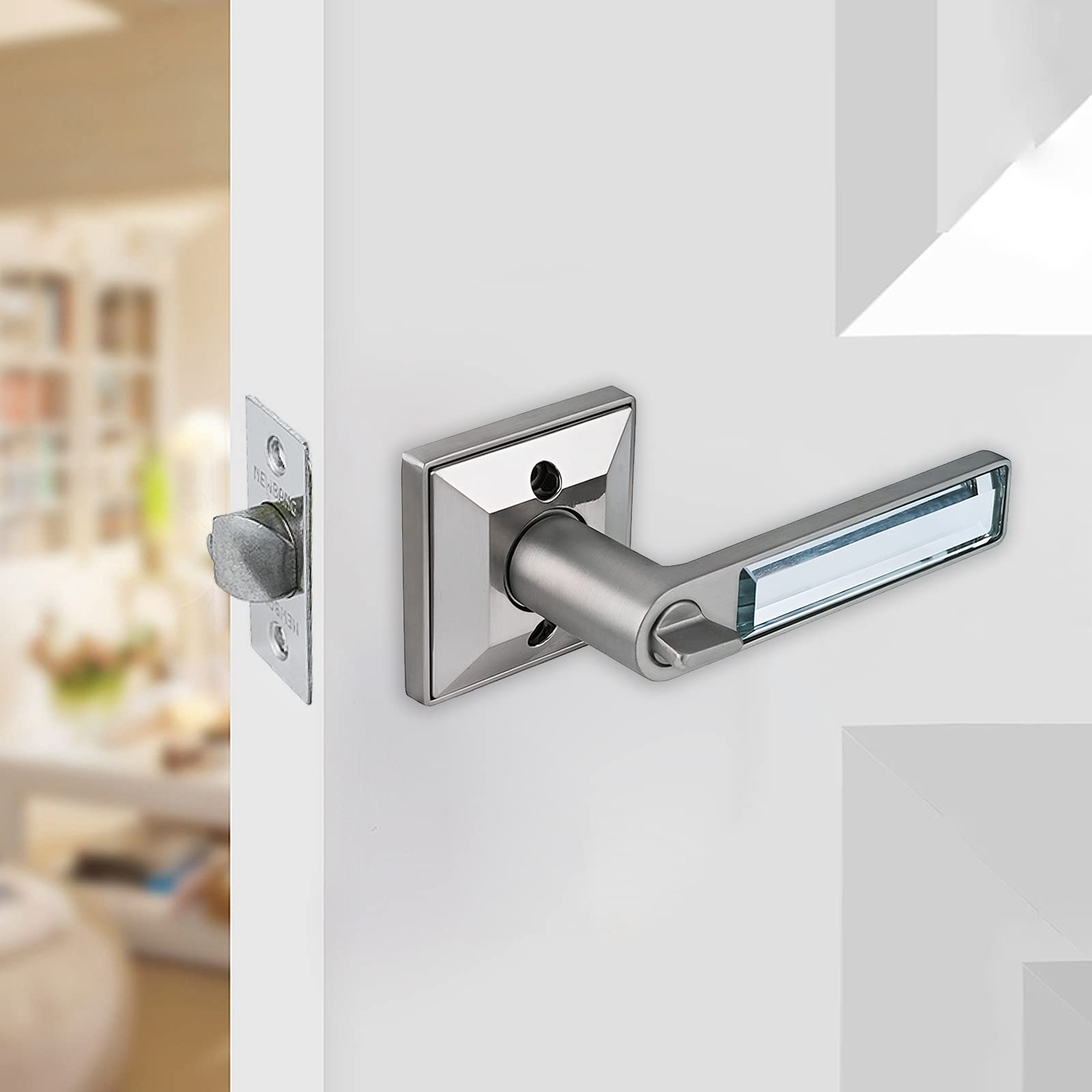Heavy Duty Hall & Closet Door Lock with Glass Crystal Handle - Brushed Nickel Finish for Interior Passage Doors | Secure Bedroom, Bathroom & Kids Room Safety