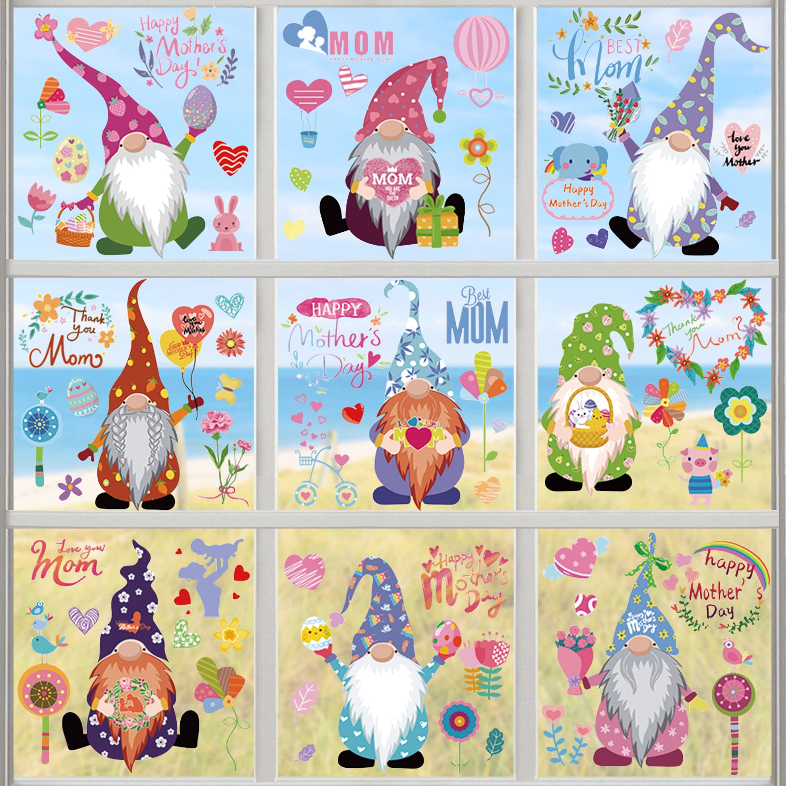 Lucleag 9 Sheets Mother's Day Window Clings Decorations - Cute Gnome Window Stickers for Happy Mother's Day Party Decor & Gifts | Perfect for Home, Office, and Classroom Celebrations