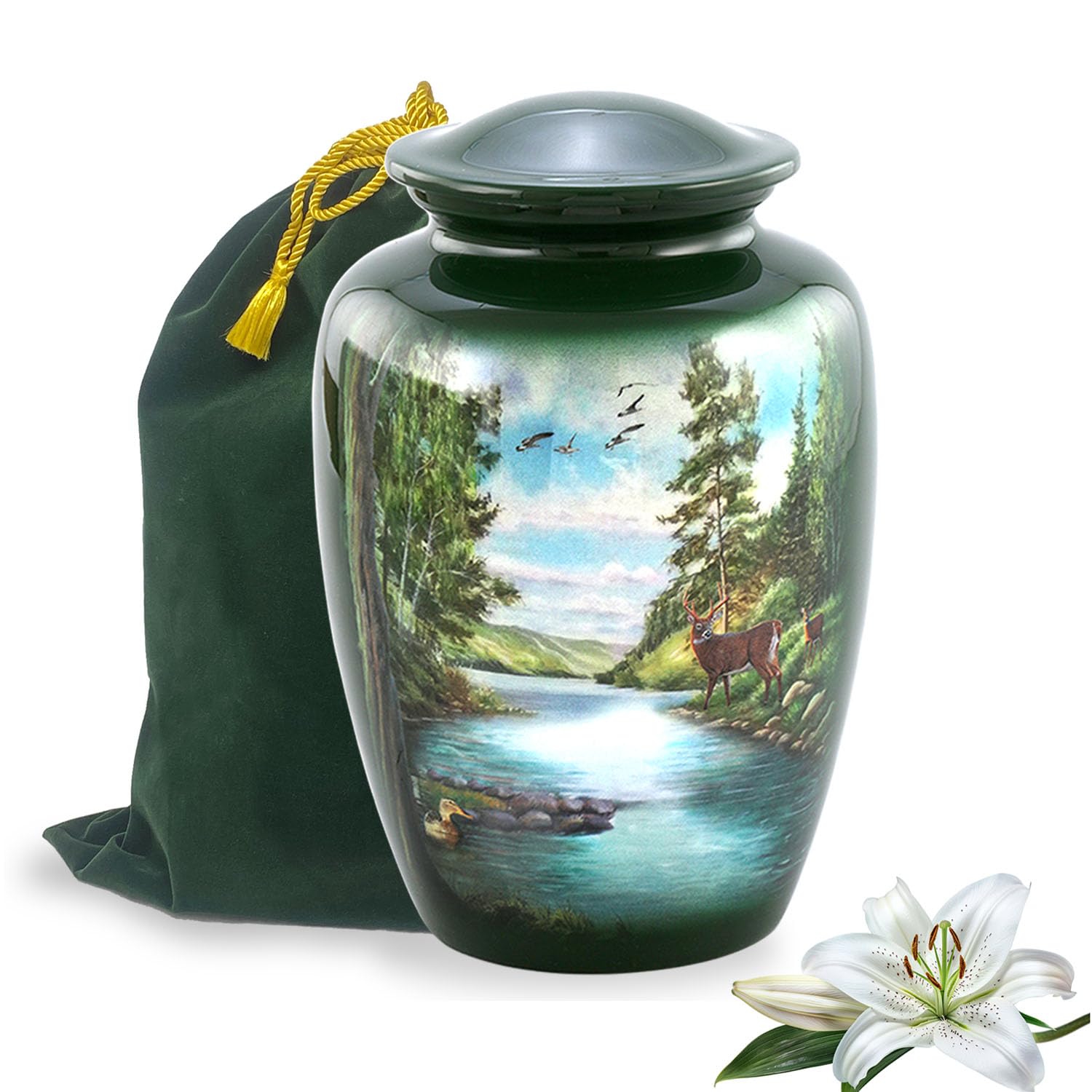 Handcrafted Wooden Memorial Urn for Ashes - Large Deer Engraved Cremation Urn with Velvet Storage Bag | Perfect for Home Memorials, Funeral Services & Pet Ashes Keepsake