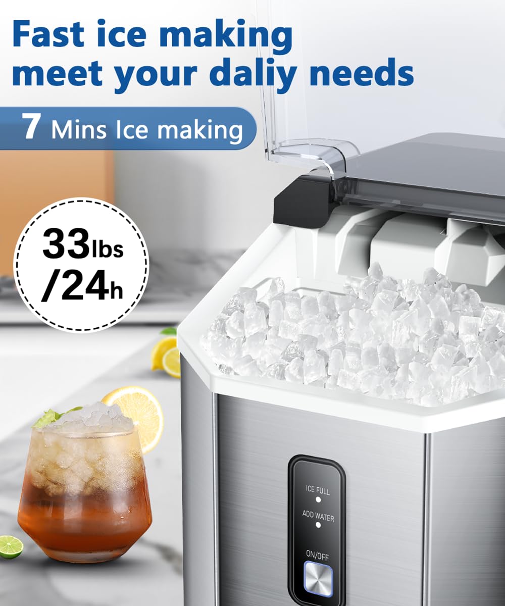 Joy Pebble Nugget Stainless Steel Ice Maker Machine - 10,000pcs/33lbs Daily Output, Portable Countertop Ice Maker with Self-Cleaning Function, Includes Ice Scoop & Basket (Silver) - Perfect for Home Bars, Parties, Offices and Outdoor Camping