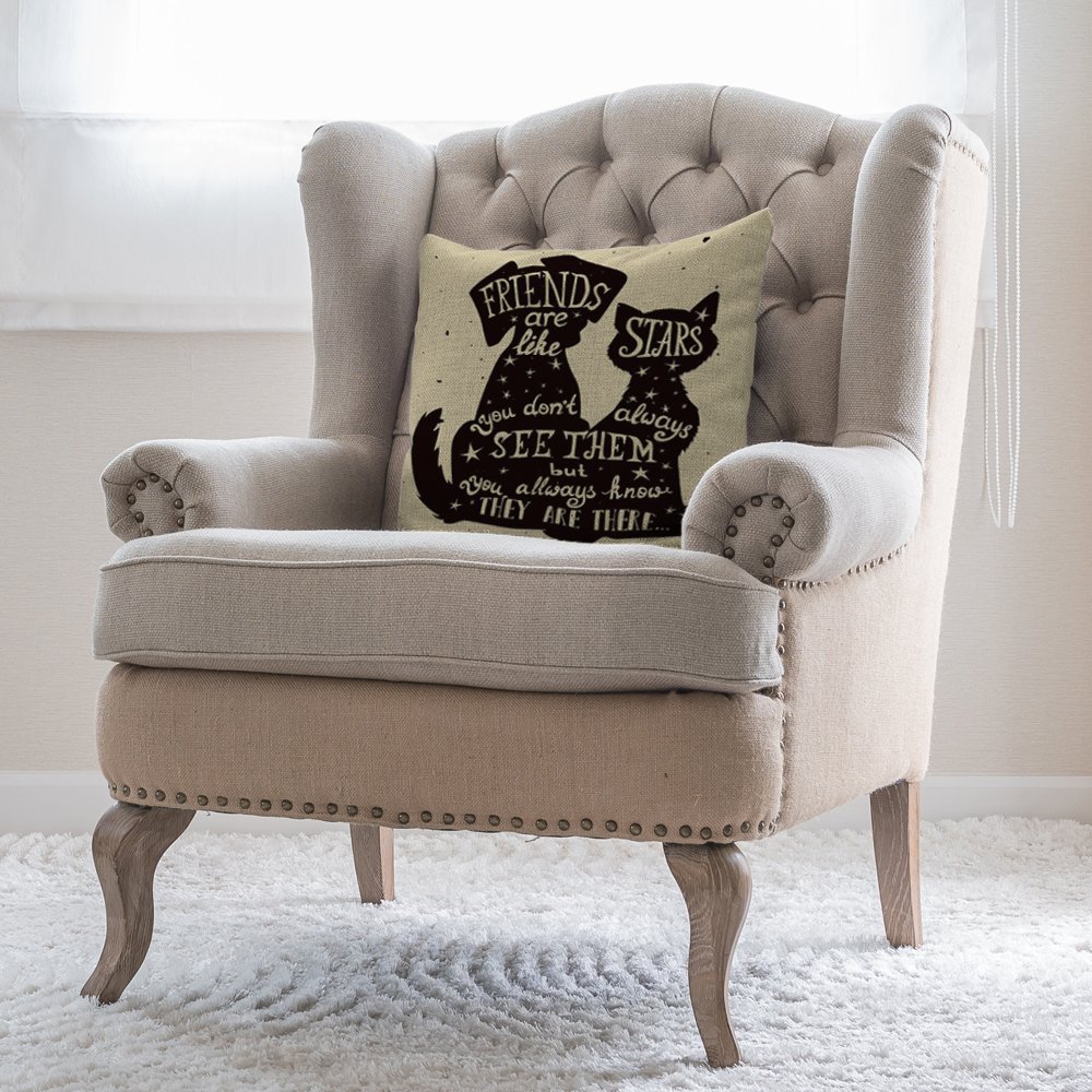 Best Friend Quote Pillow Cover 18x18 Inch - Black Dog & Cat Design with 'Friends Are Like Stars' Quote - Cotton Linen Throw Pillow Case for Sofa, Bed, Couch - Perfect Gift for Men & Women (Black/White)