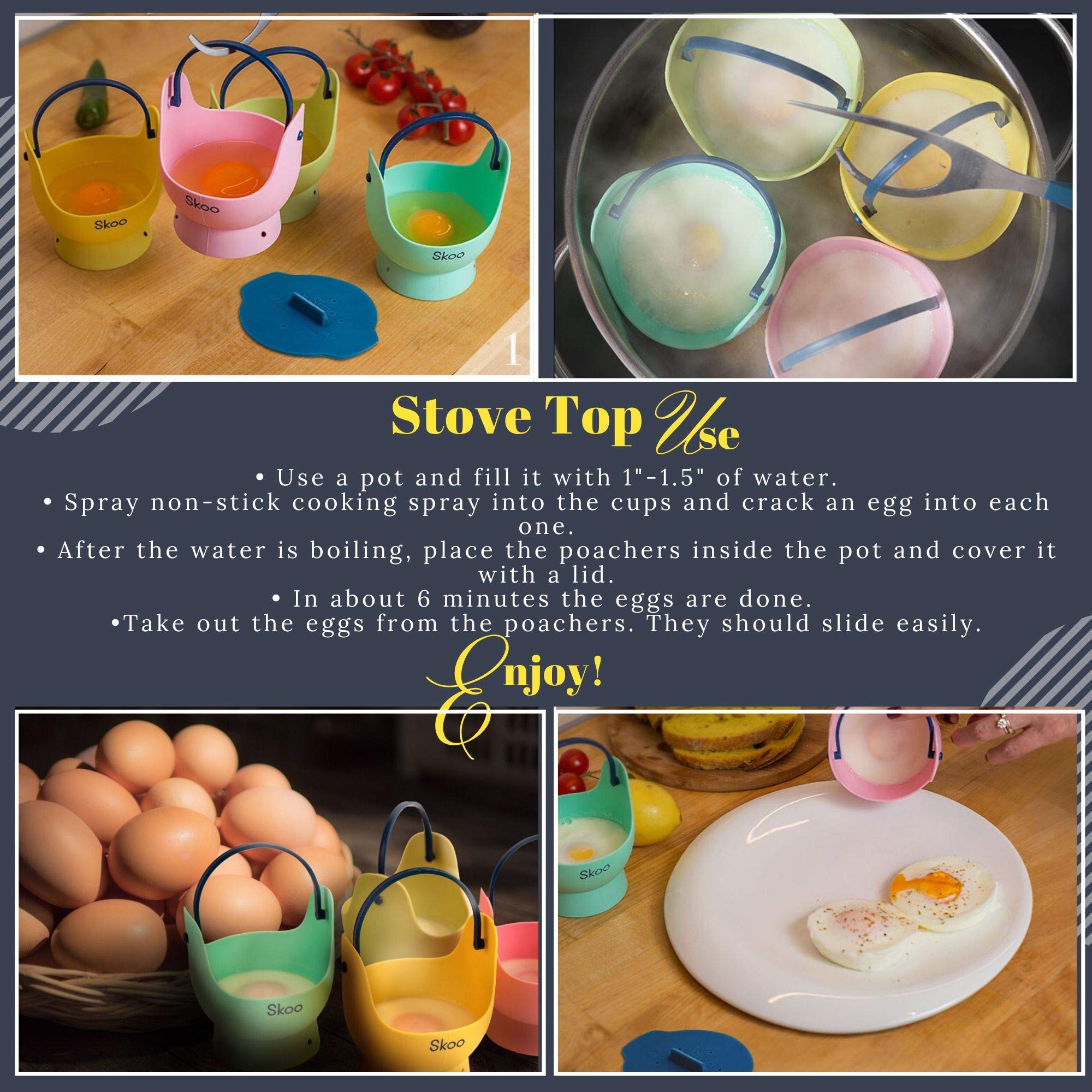 Skoo Silicone Egg Poacher Cups with Lids - 4-Piece Egg Cooker Set for Perfect Poached Eggs - Stovetop, Microwave & Instant Pot Safe - BPA-Free (Green, Red, Yellow, Turquoise, Dark Blue) - Ideal for Breakfast Meal Prep, Keto Diet & Healthy Cooking