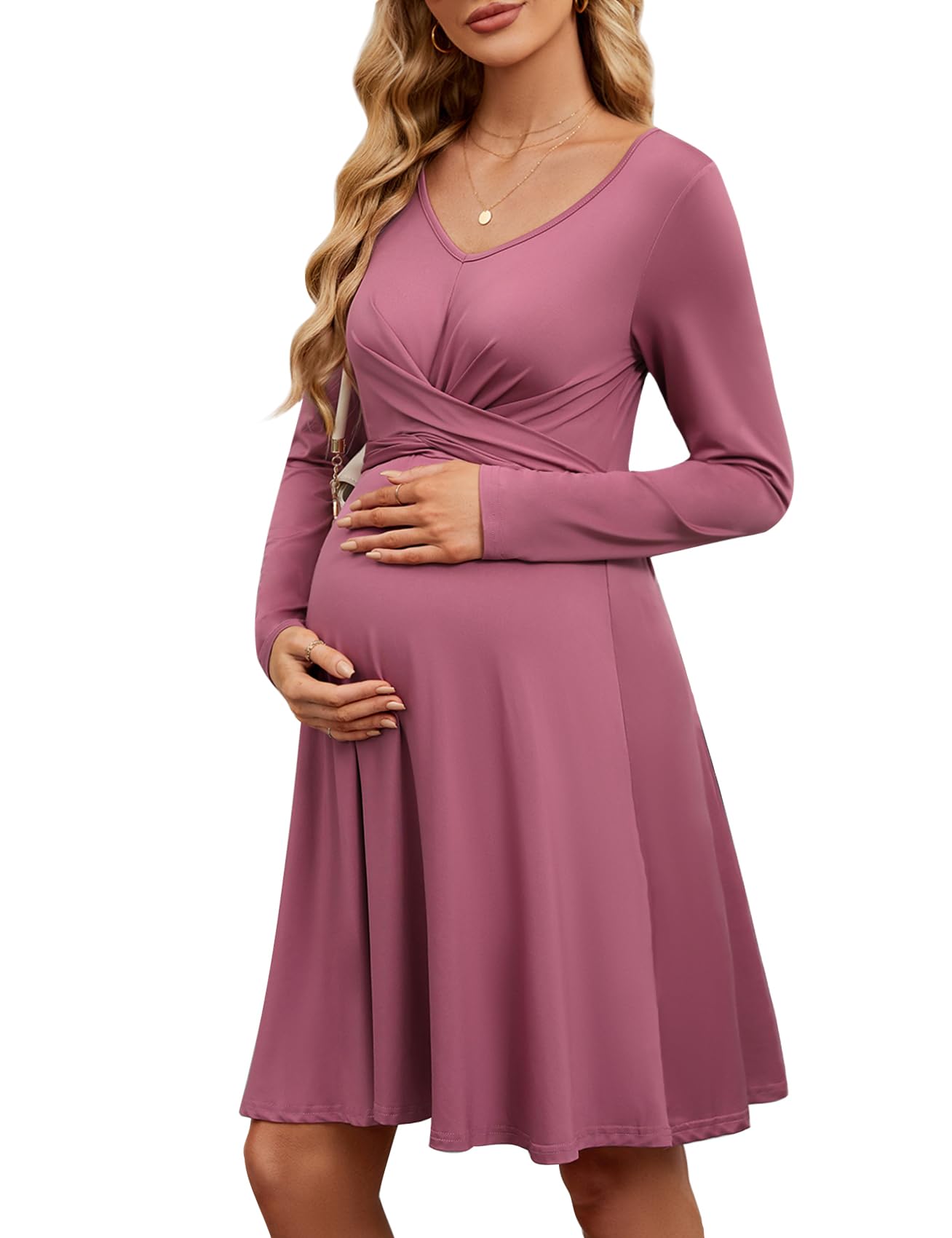 2024 Long Sleeve Maternity Dress - Criss Cross Tie Front A-Line Knee Length Pregnancy Dress for Baby Shower, Fall Casual Wear & Nursing Comfort