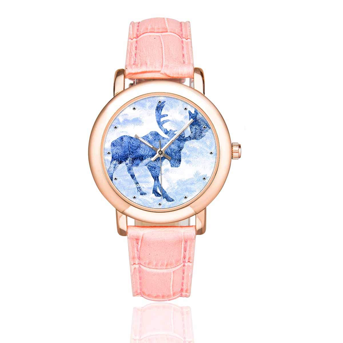 InterestPrint Women's Rose Gold-Plated Leather Strap Waterproof Wrist Watch with Winter Moose Deer Silhouette Design - Perfect for Winter Fashion, Outdoor Activities and Holiday Gifts