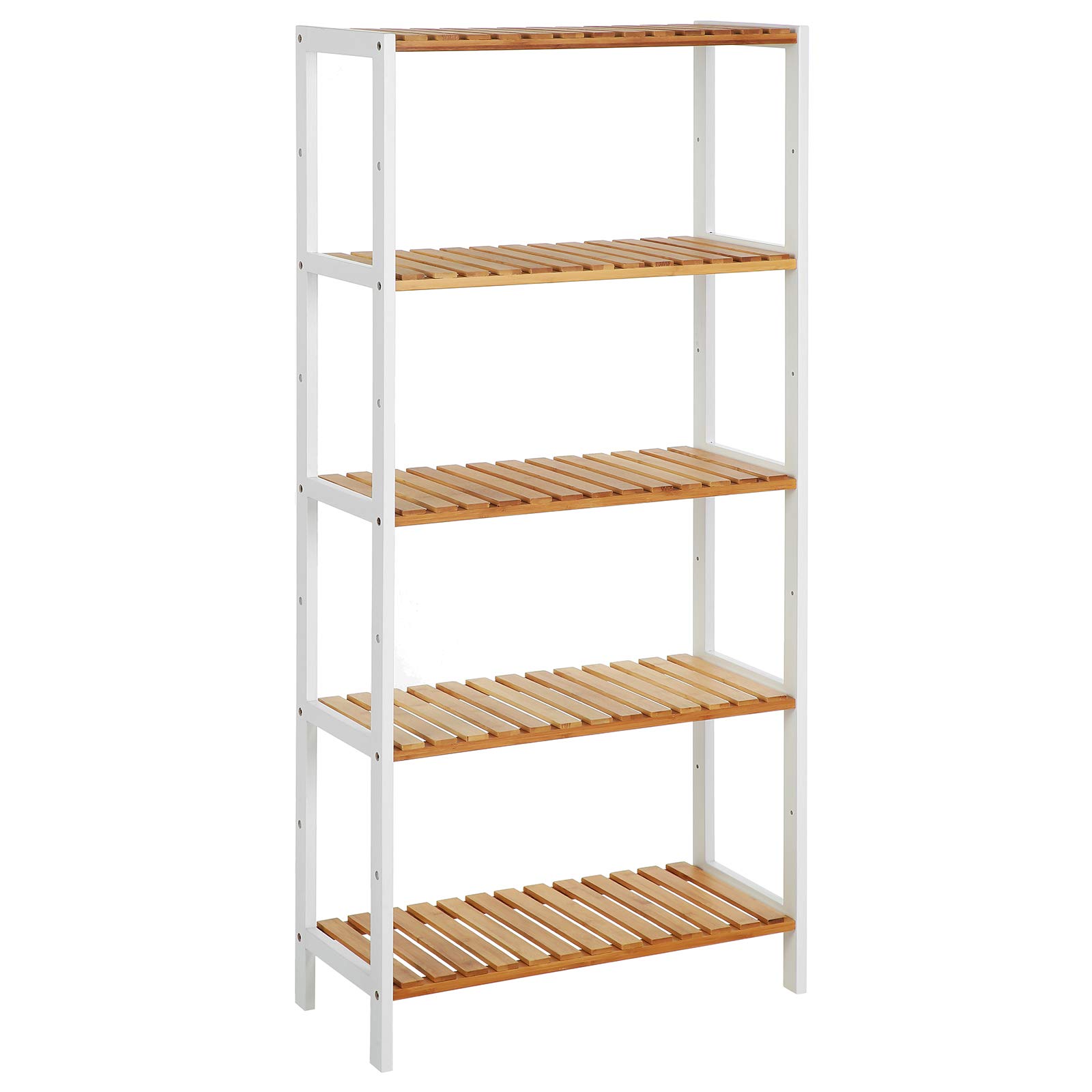 SONGMICS 5-Tier Bamboo Storage Shelf - Multifunctional Organizer for Hallway, Bathroom, Living Room, Balcony & Kitchen - White & Natural Wood Shelving Unit 26