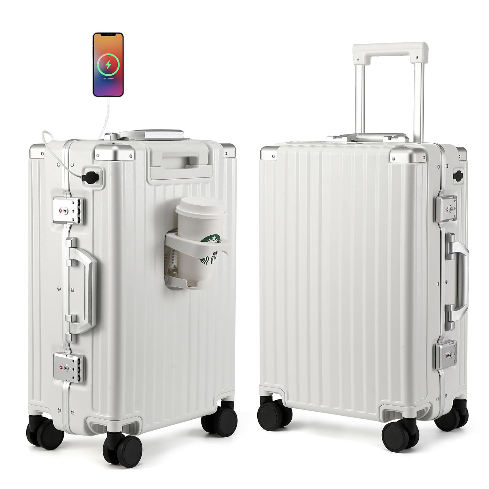 MYER 20 Inch Hard Shell Carry On Luggage - Airline Approved 22x14x9 Aluminum Suitcase with 3-Layer PC, Spinner Wheels, USB Charging Port & Cup Holder (Milky White) - Perfect for Business Travel, Weekend Getaways & Airplane Cabins