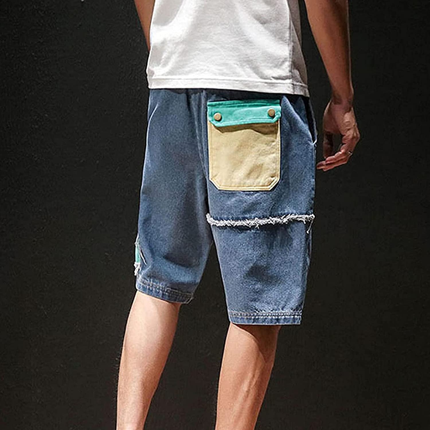 Men's Relaxed Fit Cargo Jean Shorts with Elastic Waist & Drawstring - Multi-Pocket Denim Shorts for Casual, Outdoor & Work Wear - Comfortable Loose Fit (Blue, Large) - Perfect for Summer, Hiking, Travel & Everyday Use