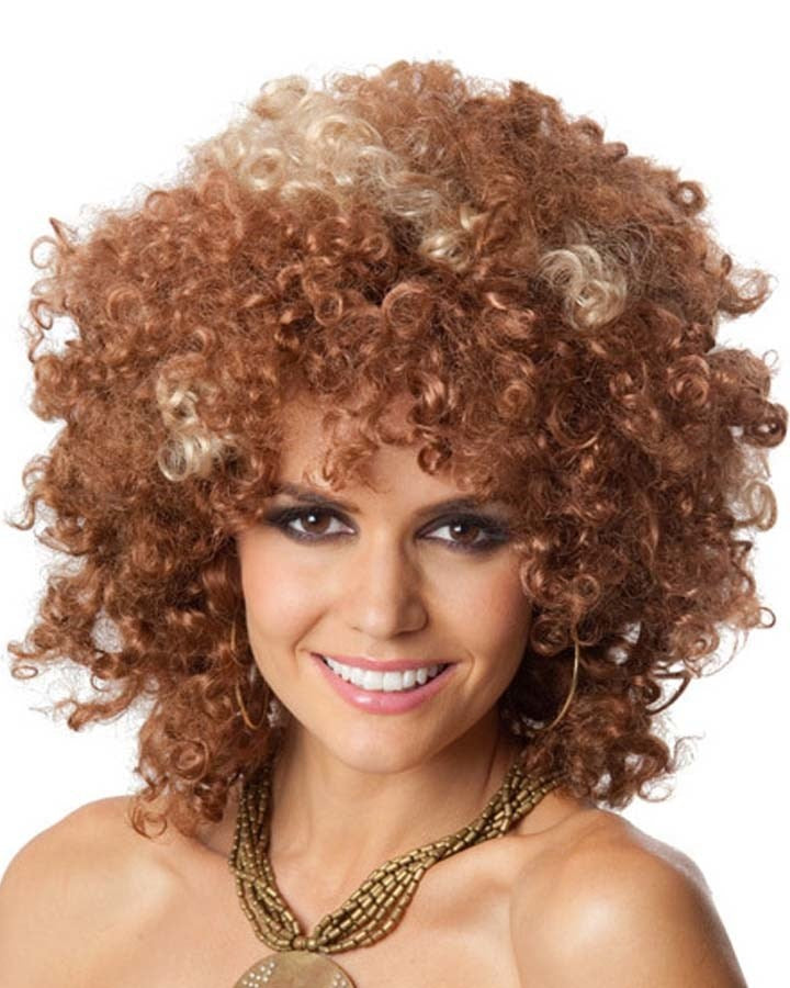 70s Foxy Baby Curly Brown and Blonde Wig - Vintage Retro Costume Wig for Halloween, Cosplay, and 70s Themed Parties