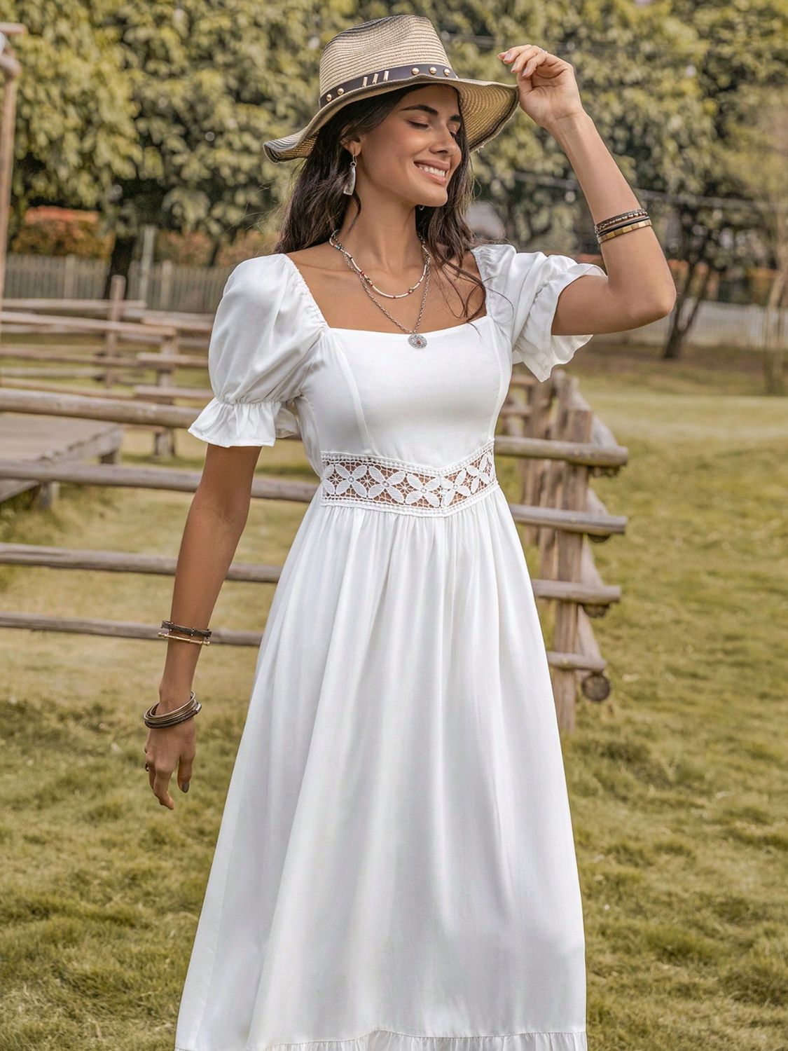 Square Neck Flounce Sleeve Midi Dress for Women - Elegant Summer Party & Wedding Guest Outfit