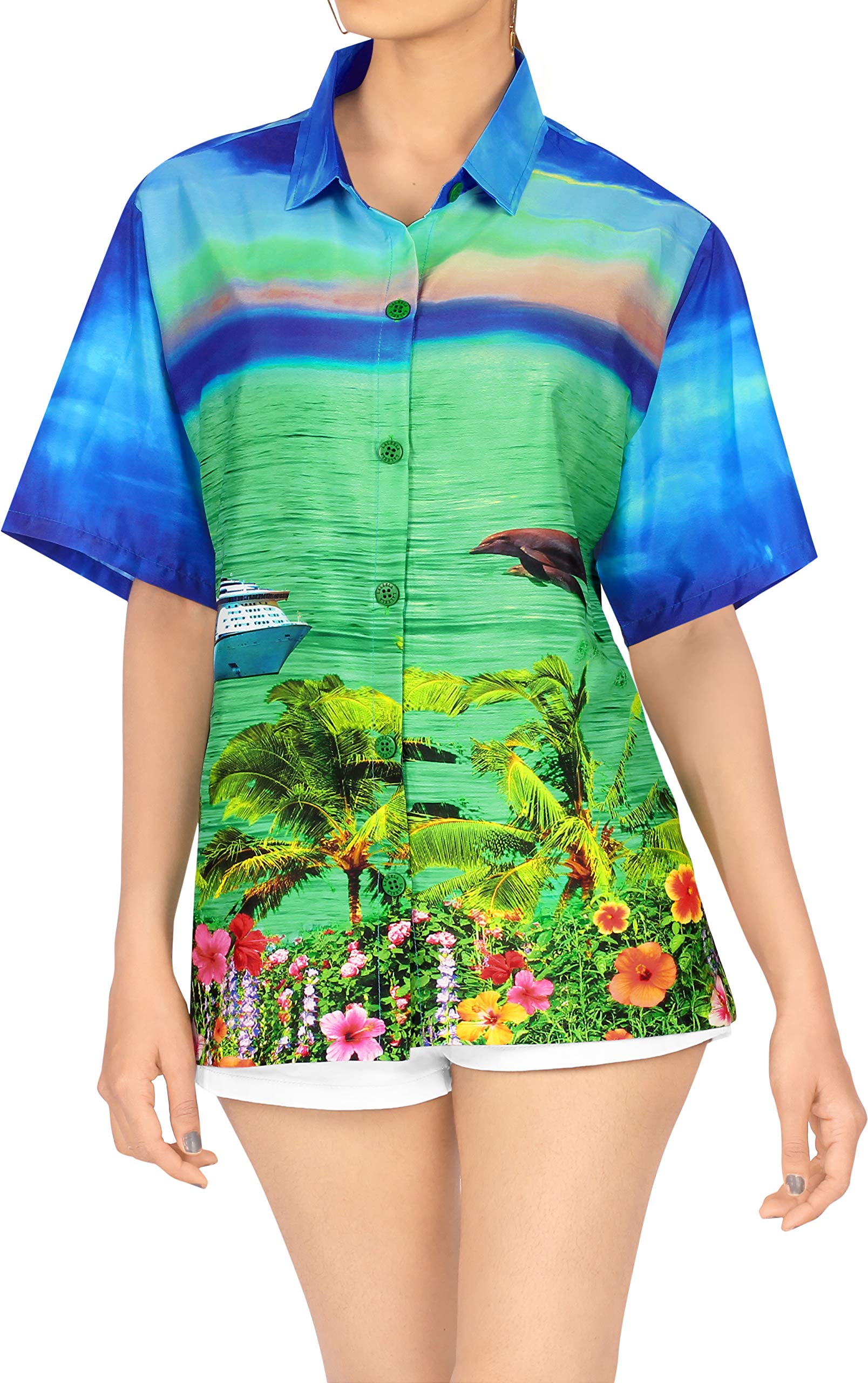 LA LEELA Women's Hawaiian Button Up Blouse - Floral Print Overshirt for Beach Vacation & Summer Outfits