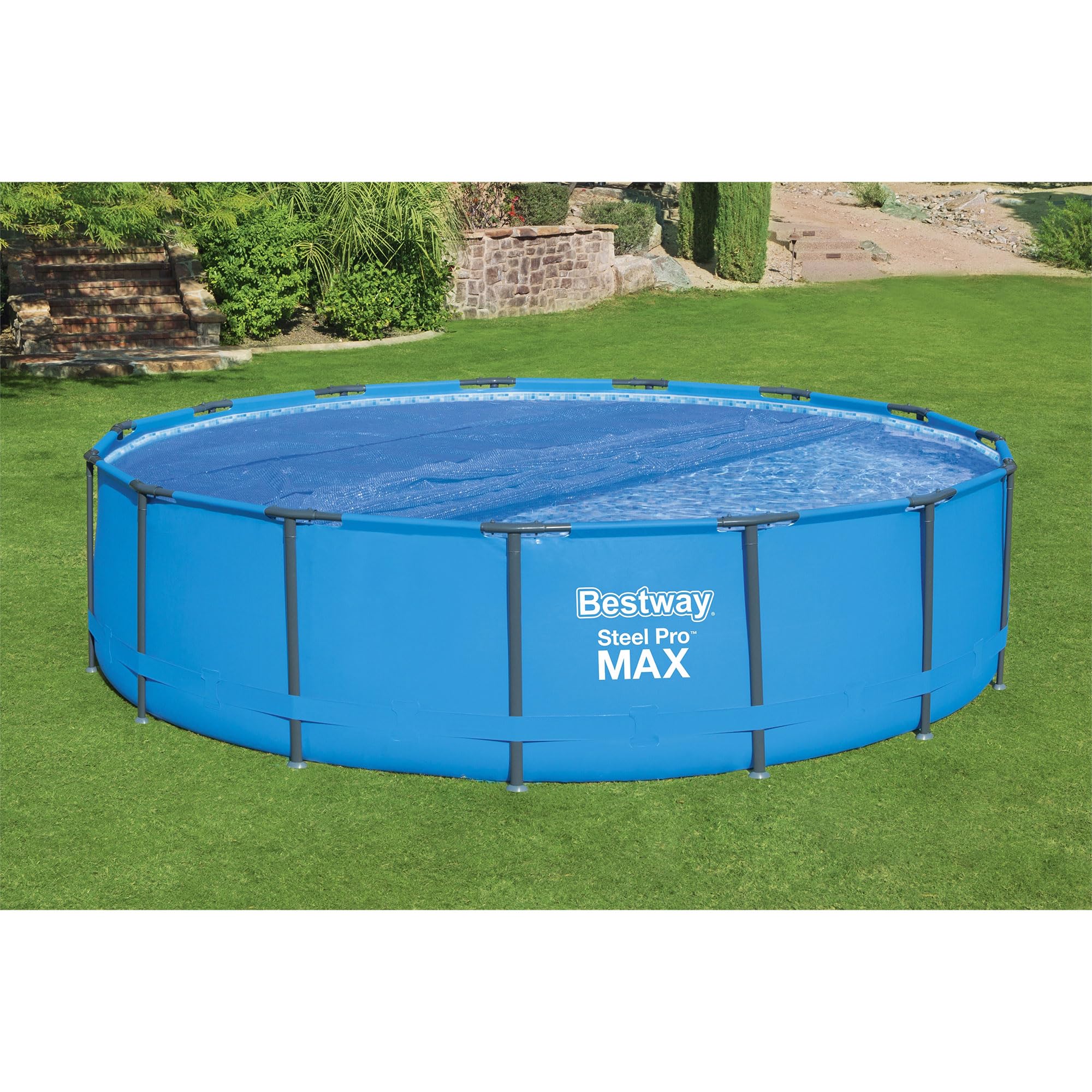 Bestway Flowclear 15-16 Foot Round Solar Heat Pool Cover for Above Ground Swimming Pools - Blue (Cover Only) with Storage Bag | Energy-Efficient Solar Heating | Extend Pool Season | Perfect for Backyard, Family, and Summer Fun