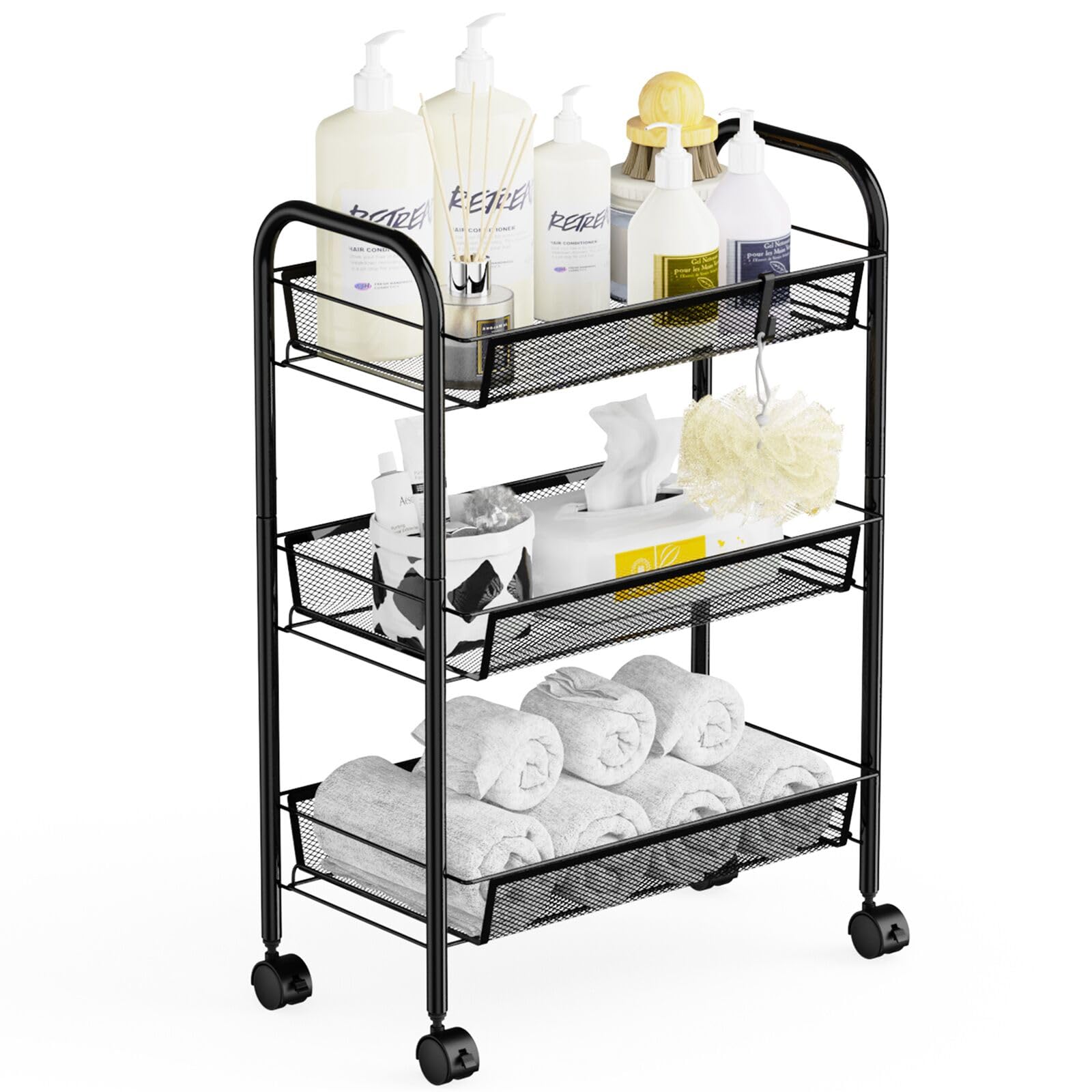 WELDUN 3-Tier Rolling Kitchen Cart with Metal Shelves & Handle - Mobile Storage Organizer for Kitchen, Bathroom, Bedroom & Office (Black) | Perfect for Small Space Organization & Home Storage Solutions