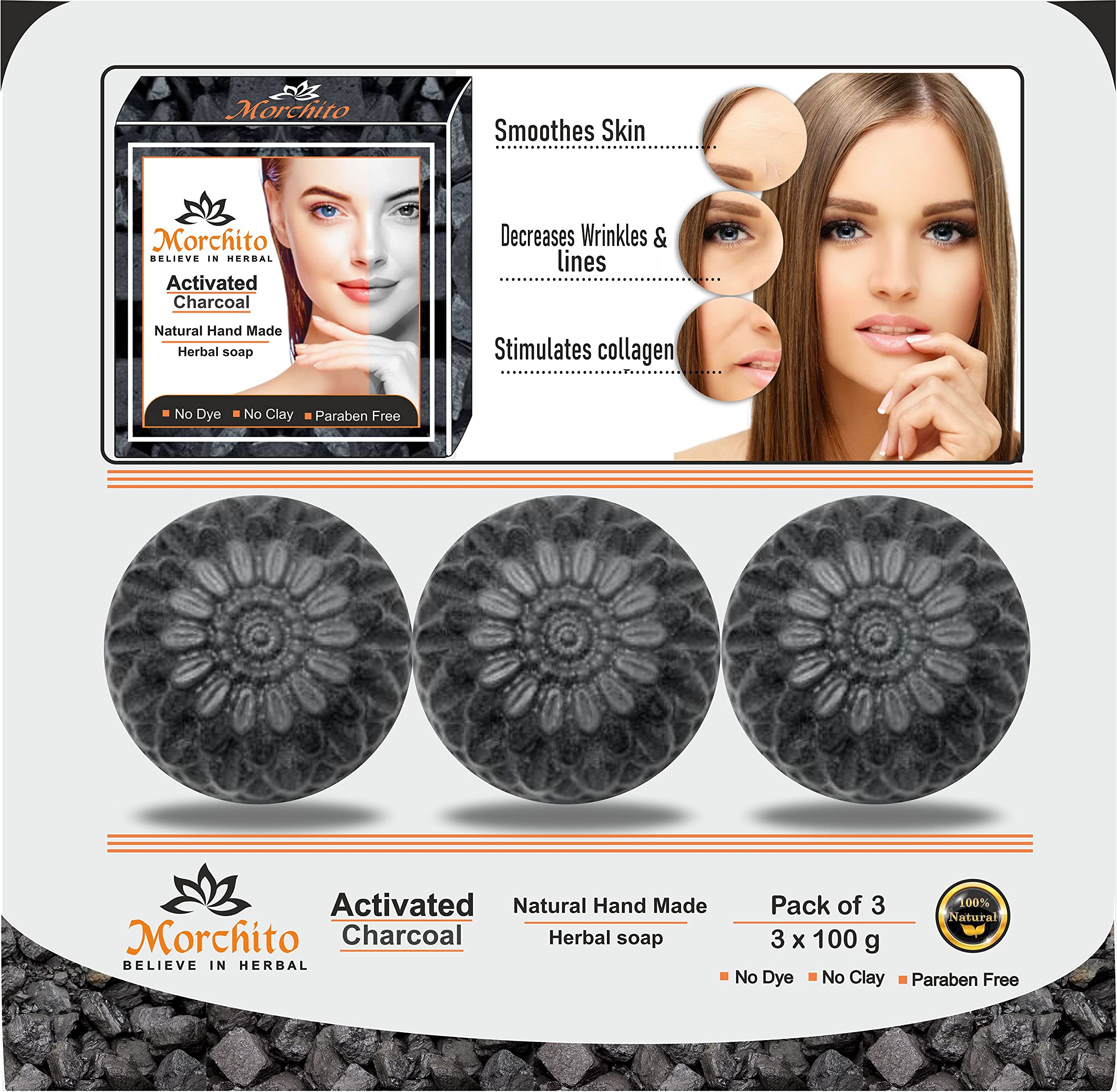 Morchito Activated Charcoal Soap for Men & Women - Deep Cleansing, Skin Whitening, Acne & Blackhead Treatment - Natural Skin Care Soap (Pack of 3) | Perfect for Daily Face & Body Wash, Oily & Acne-Prone Skin