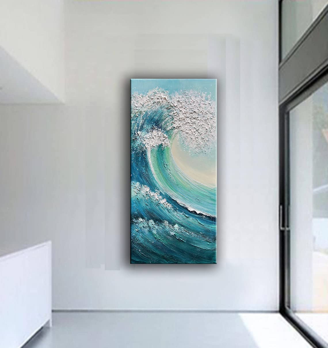 JELRINR Large Ocean Waves Canvas Wall Art - Hand Painted Seascape Acrylic Painting, Modern Abstract Texture for Living Room & Bedroom Decor (24x48 Inches) | Perfect Coastal Theme Home Decoration & Office Wall Decor