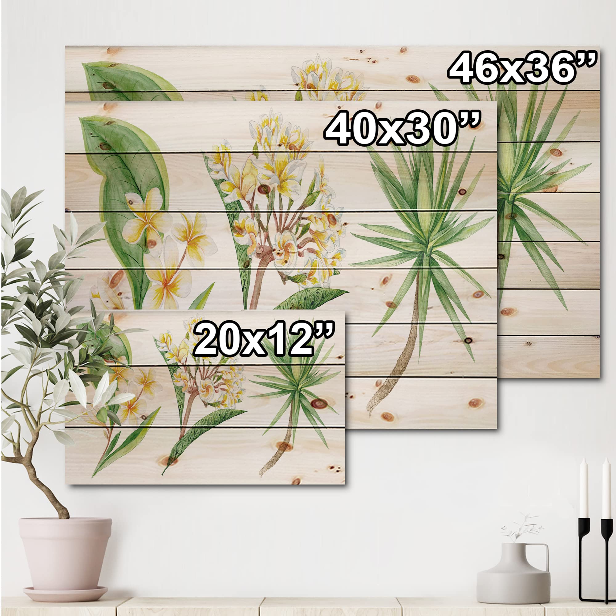 Tropical Foliage & Yellow Flowers XII - Traditional Wood Wall Art Decor | Large Floral Pine Wood Panel | Handmade Natural Wood Wall Hanging for Living Room, Bedroom & Office Decor