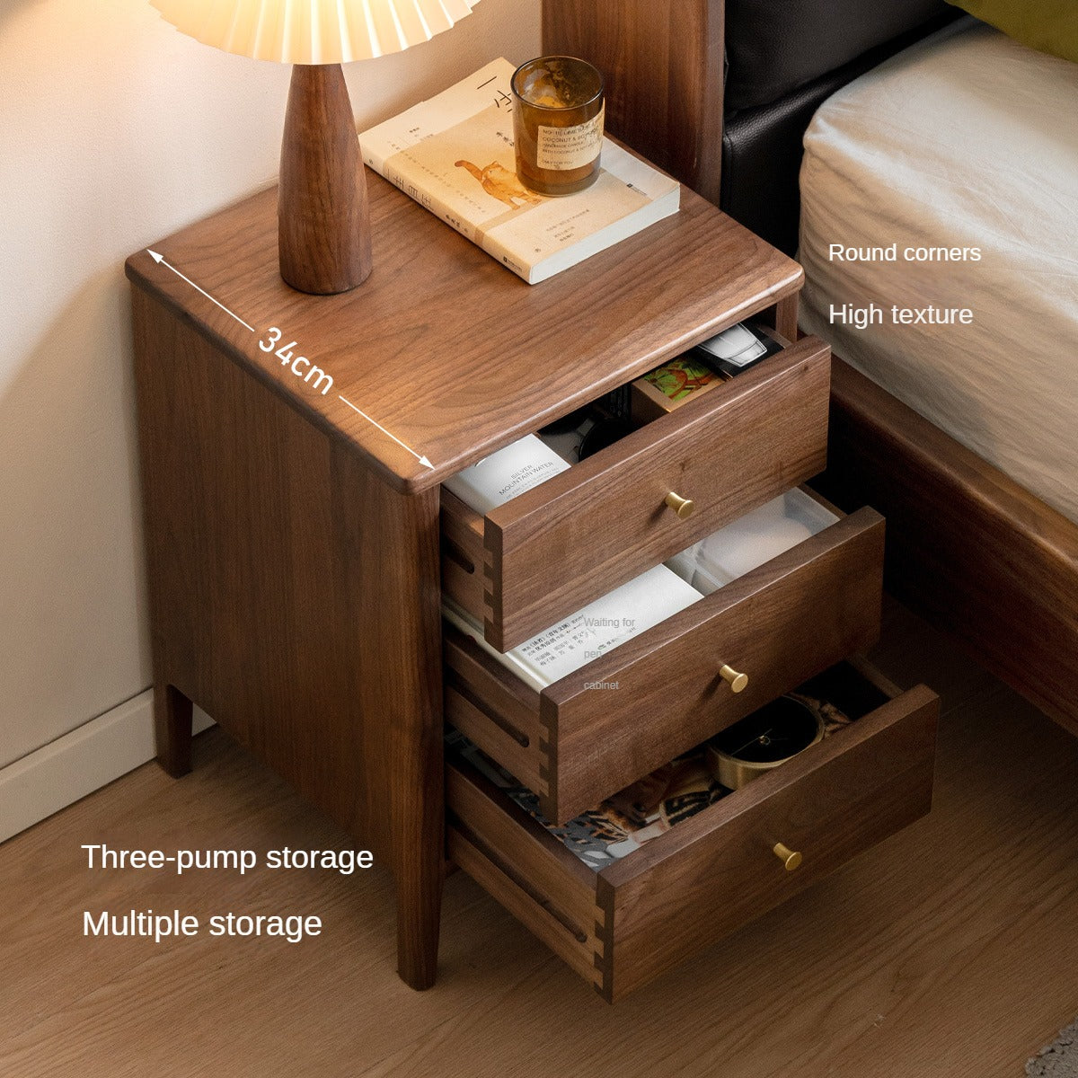 Premium Black Walnut Solid Wood Nightstand - Modern Nordic Style Bedside Table for Bedroom, Living Room & Office Furniture