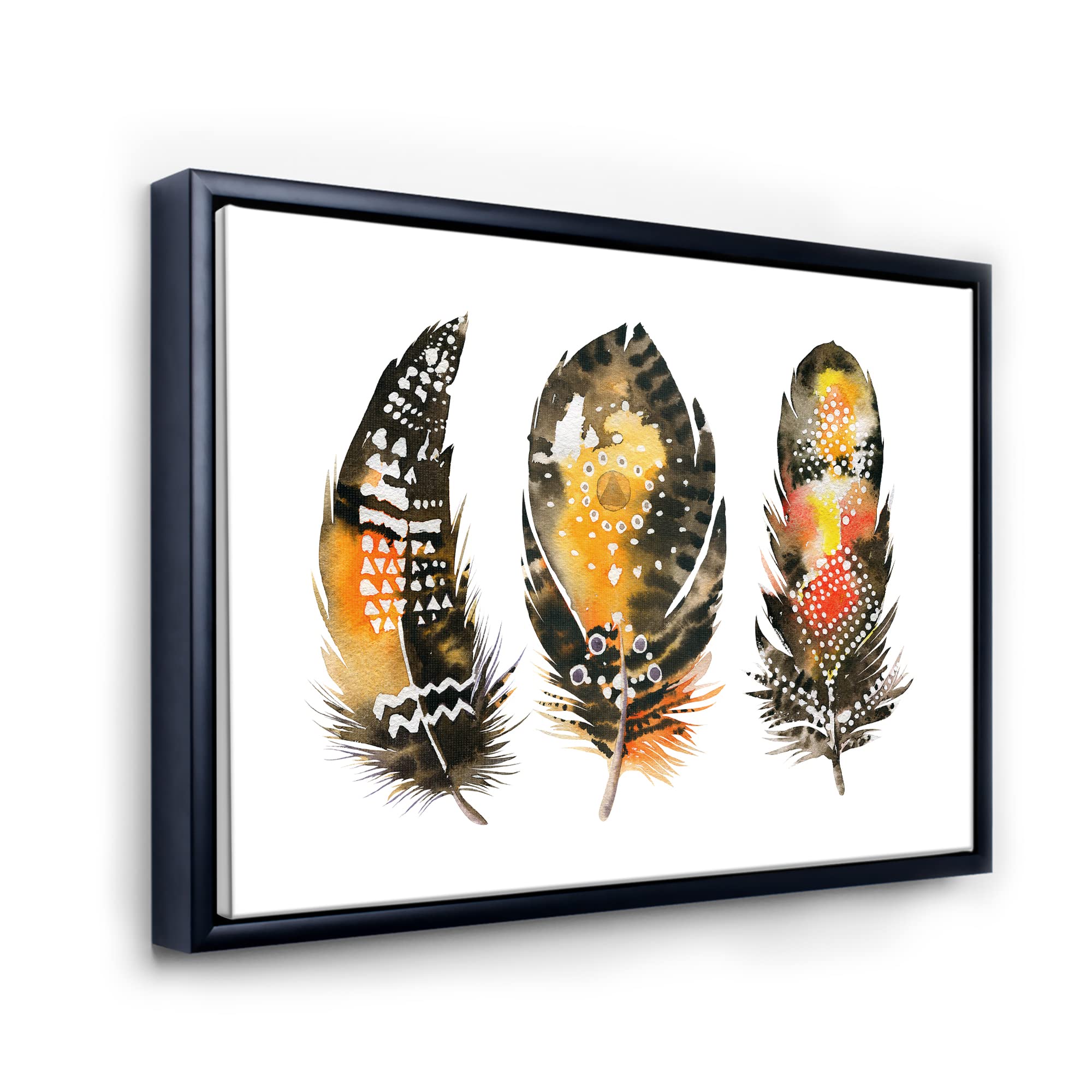 Bohemian Orange Feathers Framed Canvas Wall Art Print - Ethnic Boho Decor for Living Room, Bedroom & Office | Handmade Eclectic Home Decor