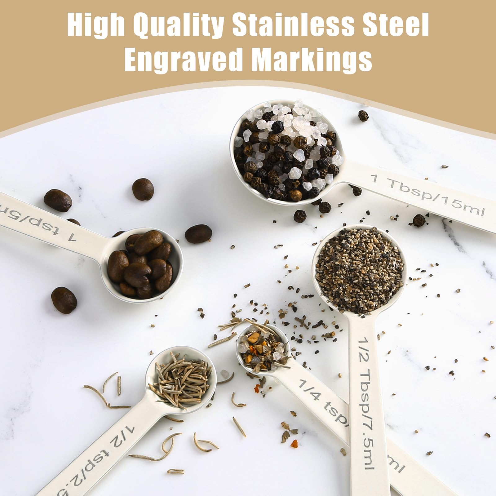 Premium Stainless Steel Measuring Spoons Set - 5-Piece Metal Measuring Cups & Spoons for Liquid, Dry Food, Baking & Cooking - Durable Kitchen Tools for Home Chefs & Bakers (White)