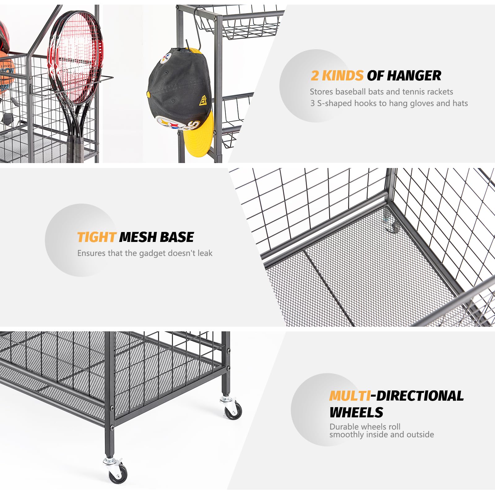 TNINE Sports Equipment Storage Cart - Rolling Garage Organizer for Basketballs, Baseball Bats, Footballs & Tennis Rackets | Indoor & Outdoor Toy Organizer with Wheels | Perfect for Garage, Playroom & Backyard Sports Gear Storage