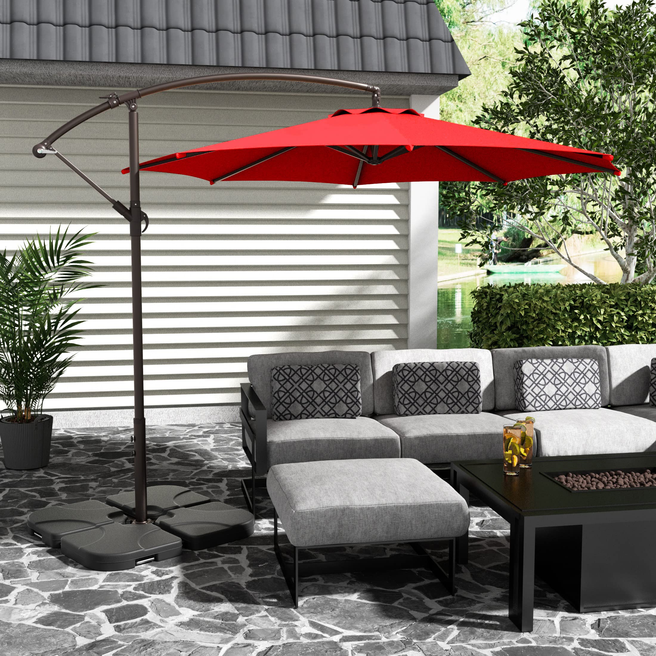 WO Home Furniture 10ft Outdoor Patio Cantilever Umbrella with Stand, Base & 3 Weights - Hanging Shade Kit for Backyard, Poolside, and Garden Relaxation
