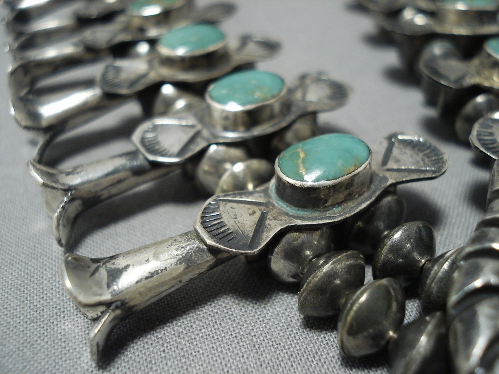 1940's Vintage Native American Jewelry Navajo Green Turquoise Sterling Silver Squash Blossom Necklace