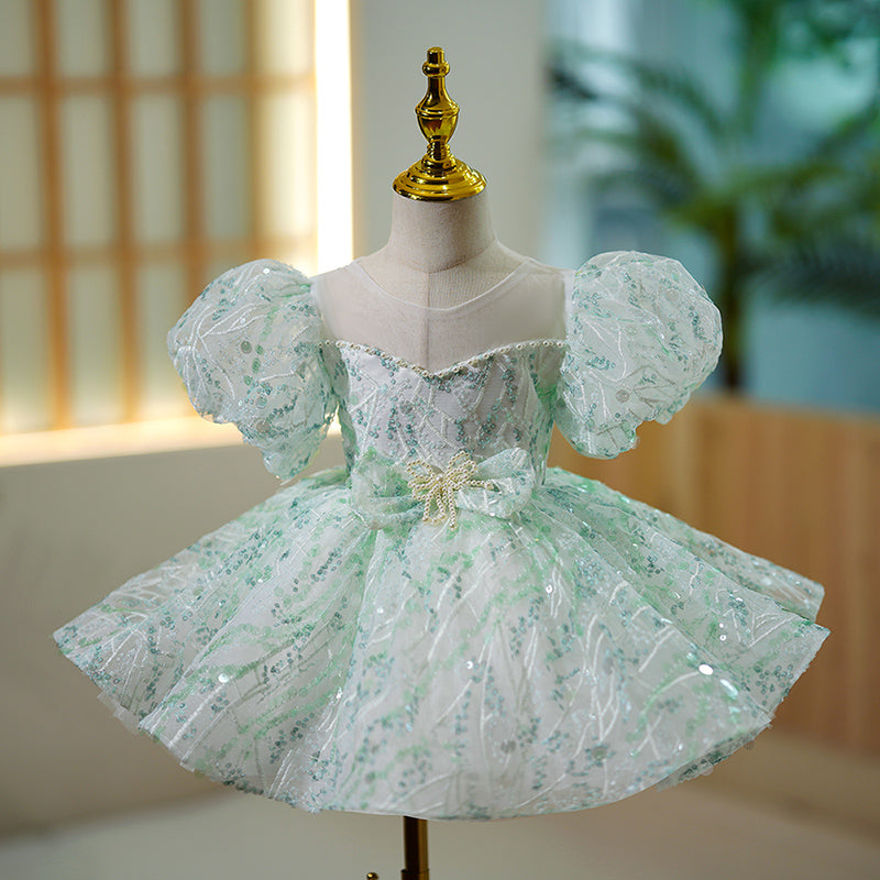 Sparkling Mint Green Sequin Flower Girl Dress with Puff Sleeves - Perfect for Weddings, Pageants & Special Occasions