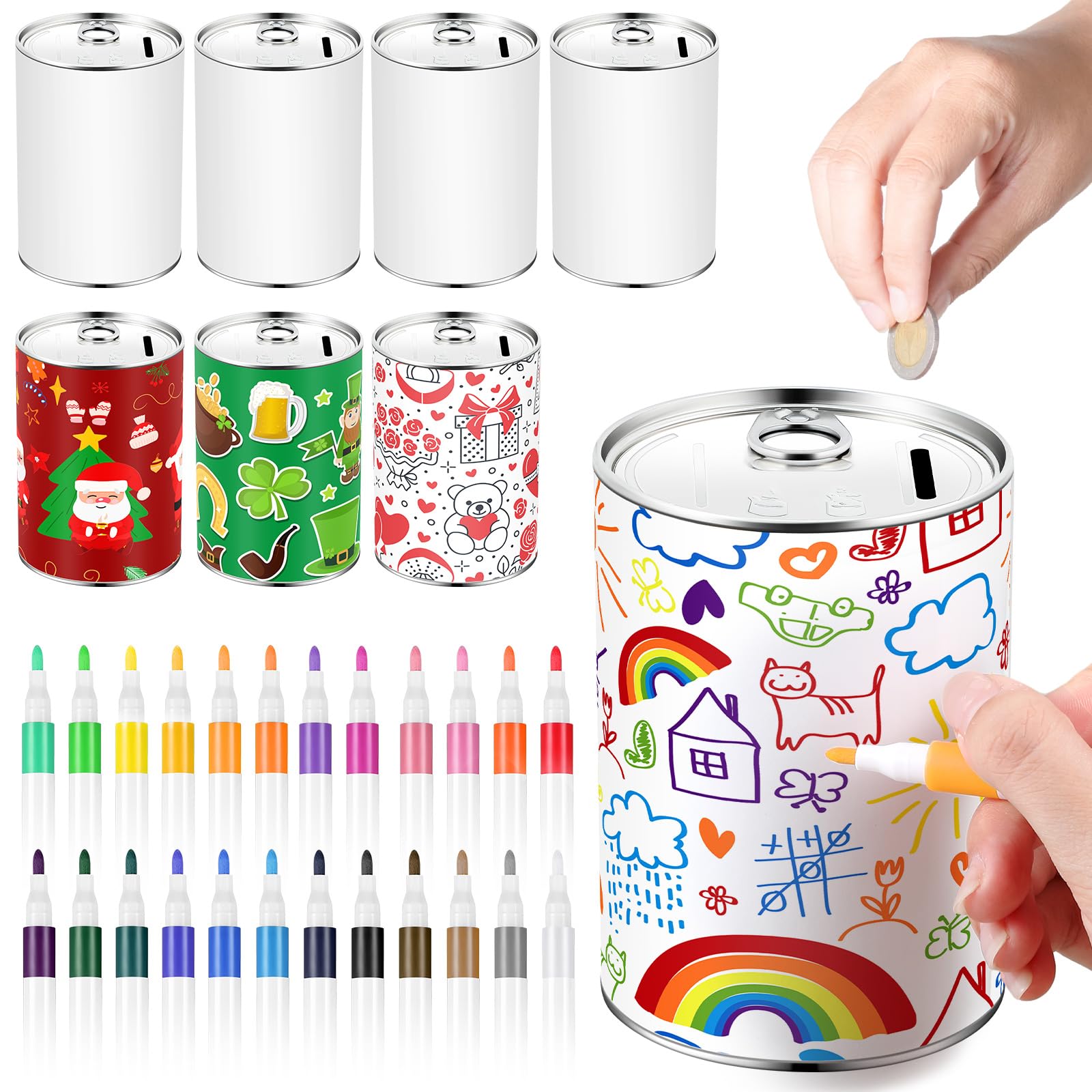 Tandefio 8-Piece DIY Metal Coin Piggy Bank Set with 24 Acrylic Paint Markers - Creative Money Saving Box for Kids, Perfect Gift for Boys & Girls Birthday Parties, Arts & Crafts Projects, and Financial Literacy Activities