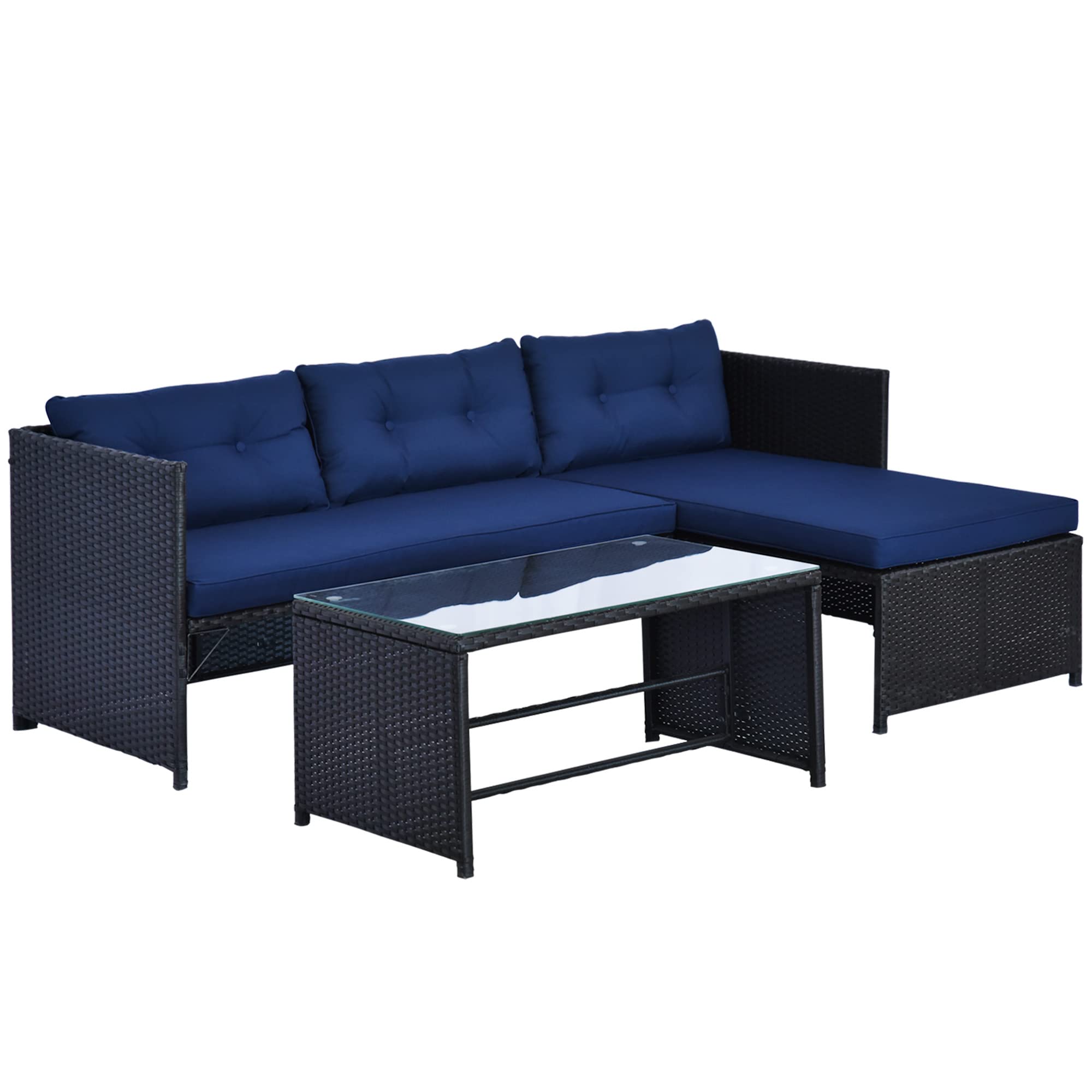 Outsunny 3-Piece Wicker Patio Furniture Set, Rattan Outdoor Sectional Sofa with Cushioned Chaise Lounge - Blue Garden, Poolside & Porch Conversation Set for Relaxing & Entertaining