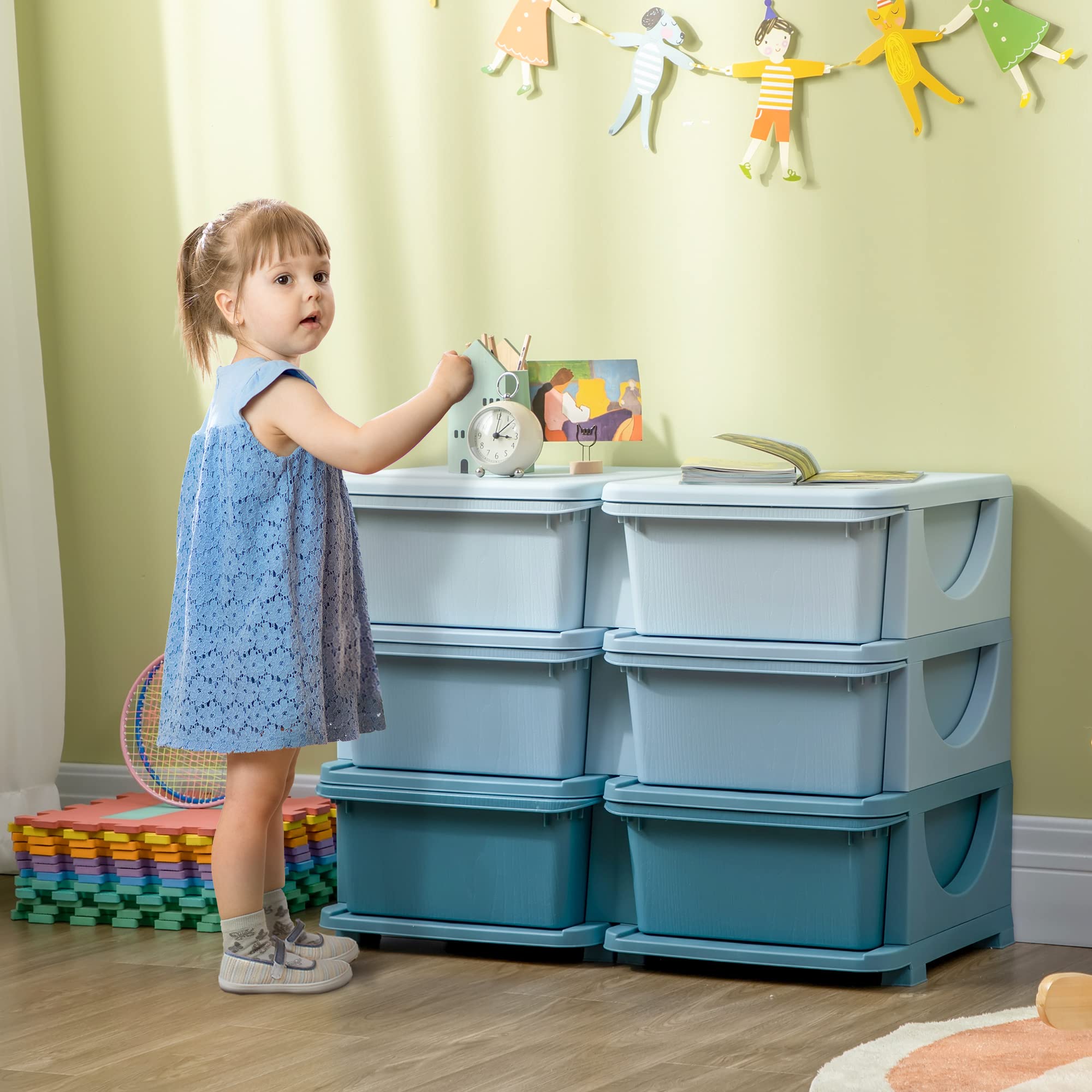 Qaba 3-Tier Kids Storage Unit with 6 Drawers - Toy Organizer with Plastic Bins for Boys & Girls - Nursery, Bedroom, Kindergarten & Living Room Storage Solution - Perfect for Organizing Toys, Books & Clothes (Blue)