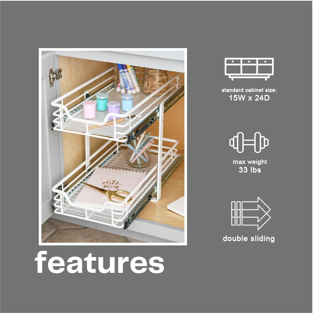 Glidez Multipurpose Powder-Coated Steel Pull-Out Cabinet Organizer with Plastic Liners - 2-Tier Dual-Slide Under Sink Storage for Kitchen & Bathroom - Fits Standard Cabinets (White) | Space-Saving Solution for Spices, Cleaning Supplies & Toiletries