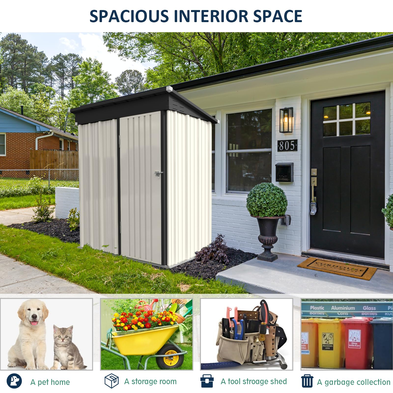 Amopatio Heavy Duty Galvanized Metal Outdoor Storage Shed - 5' x 3' White Garden Shed for Backyard, Tool & Equipment Storage - Perfect for Patio, Lawn & Yard Organization