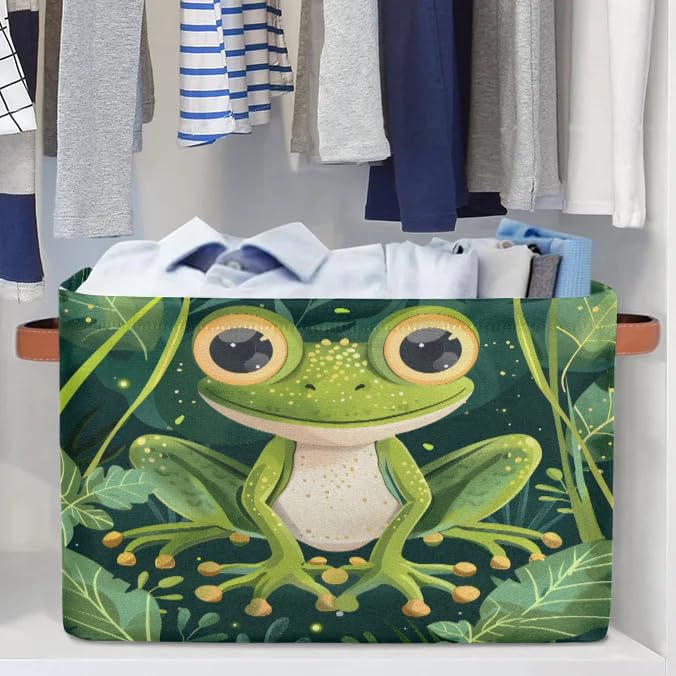 Cute Frog Large Storage Baskets for Shelves & Closets - Fabric Organizer Bins with Handles, Decorative Collapsible Home Storage for Clothes & Toys (2-Pack) - Perfect for Kids' Rooms, Playrooms & Nursery Organization