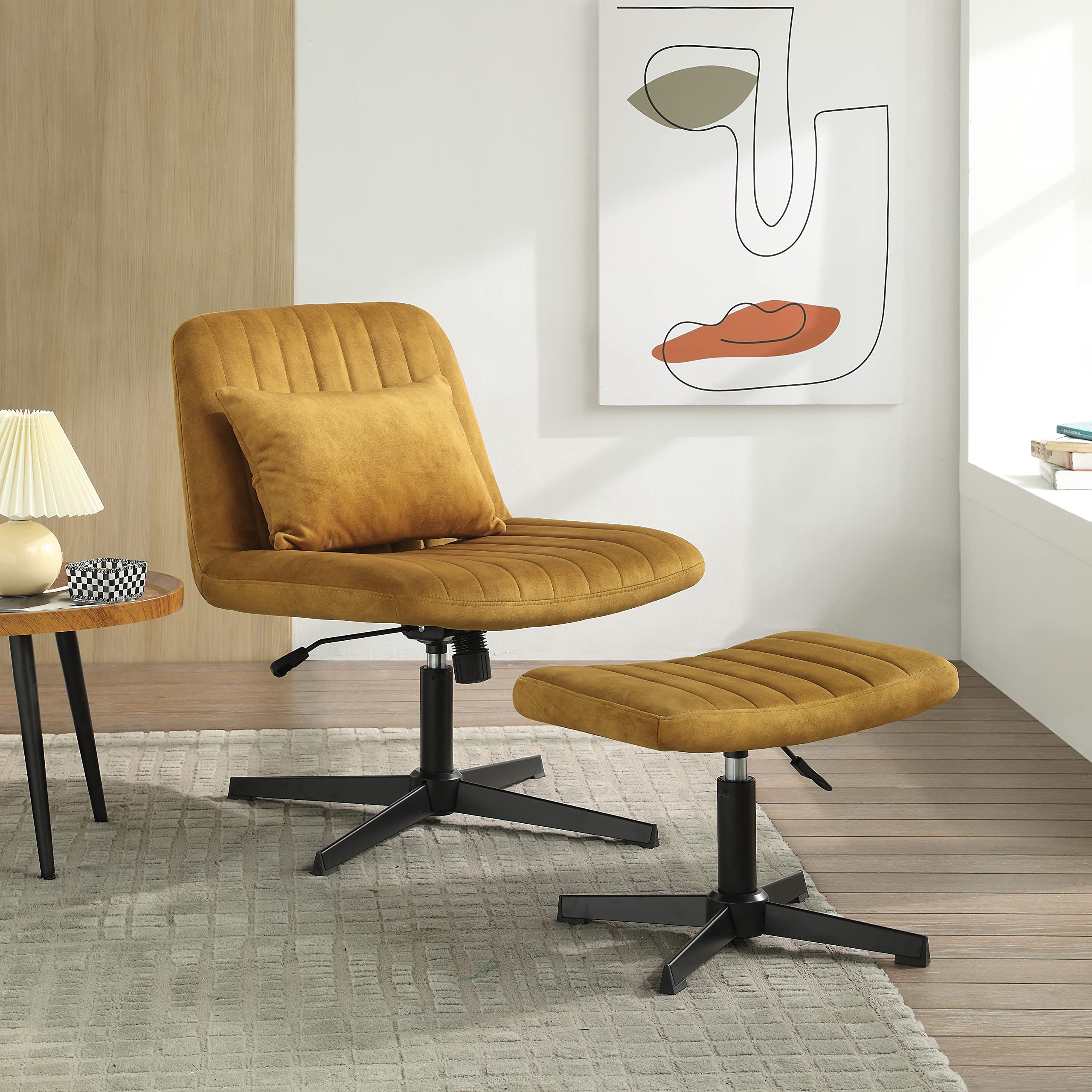 Zouron 360° Swivel Accent Chair with Ottoman - Adjustable Height Velvet Modern Tufted Wingback Club Chair, Upholstered Leisure Chair with Black Metal Legs for Office, Bedroom & Living Room - Perfect for Reading Nooks, Home Theaters and Cozy Corners (Brown)