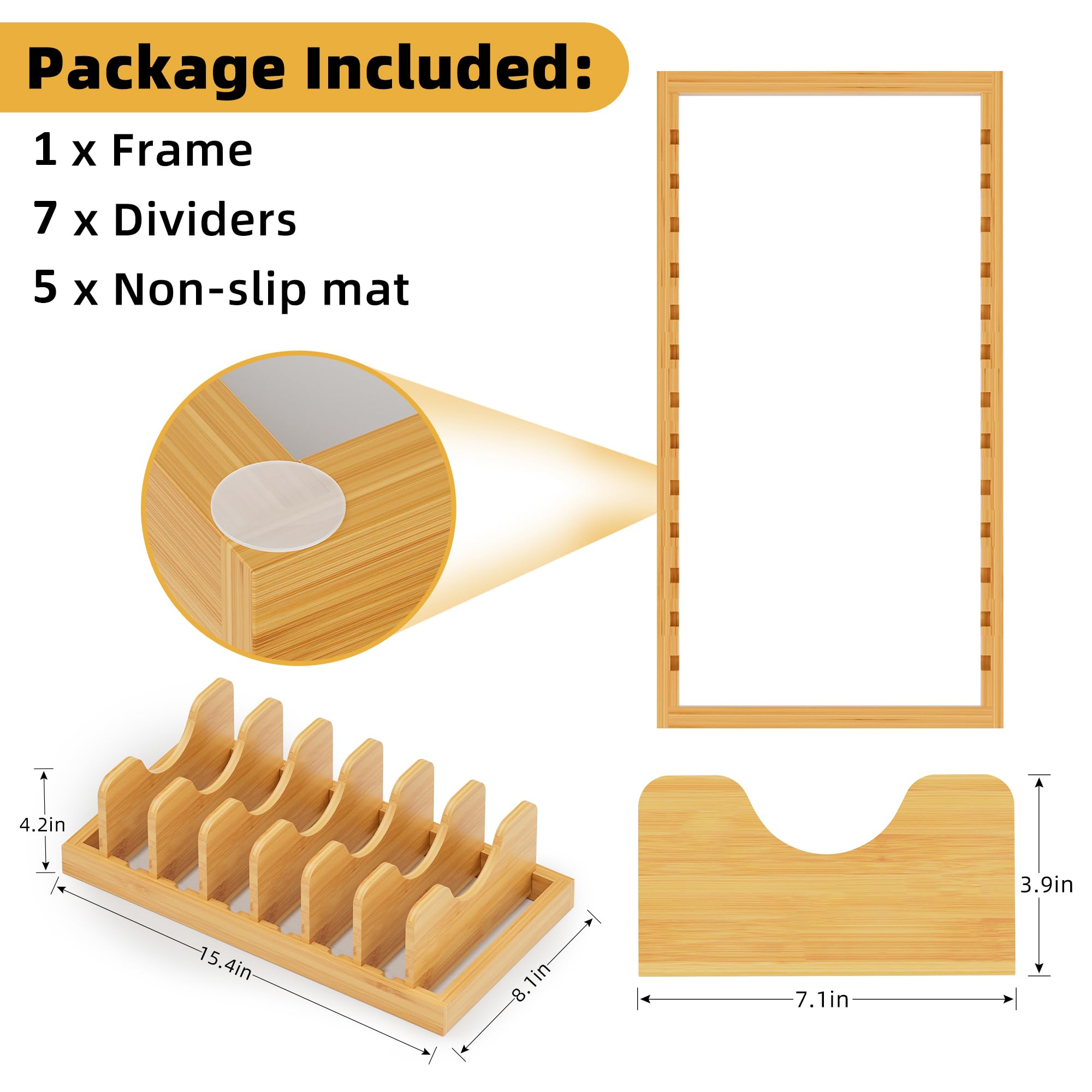Bamboo Pot Lid Organizer & Drawer Storage - Kitchen Cabinet Organizer for Lids, Pans, Cutting Boards, Baking Sheets & Plates - Perfect for Small Space Kitchen Organization & Decluttering