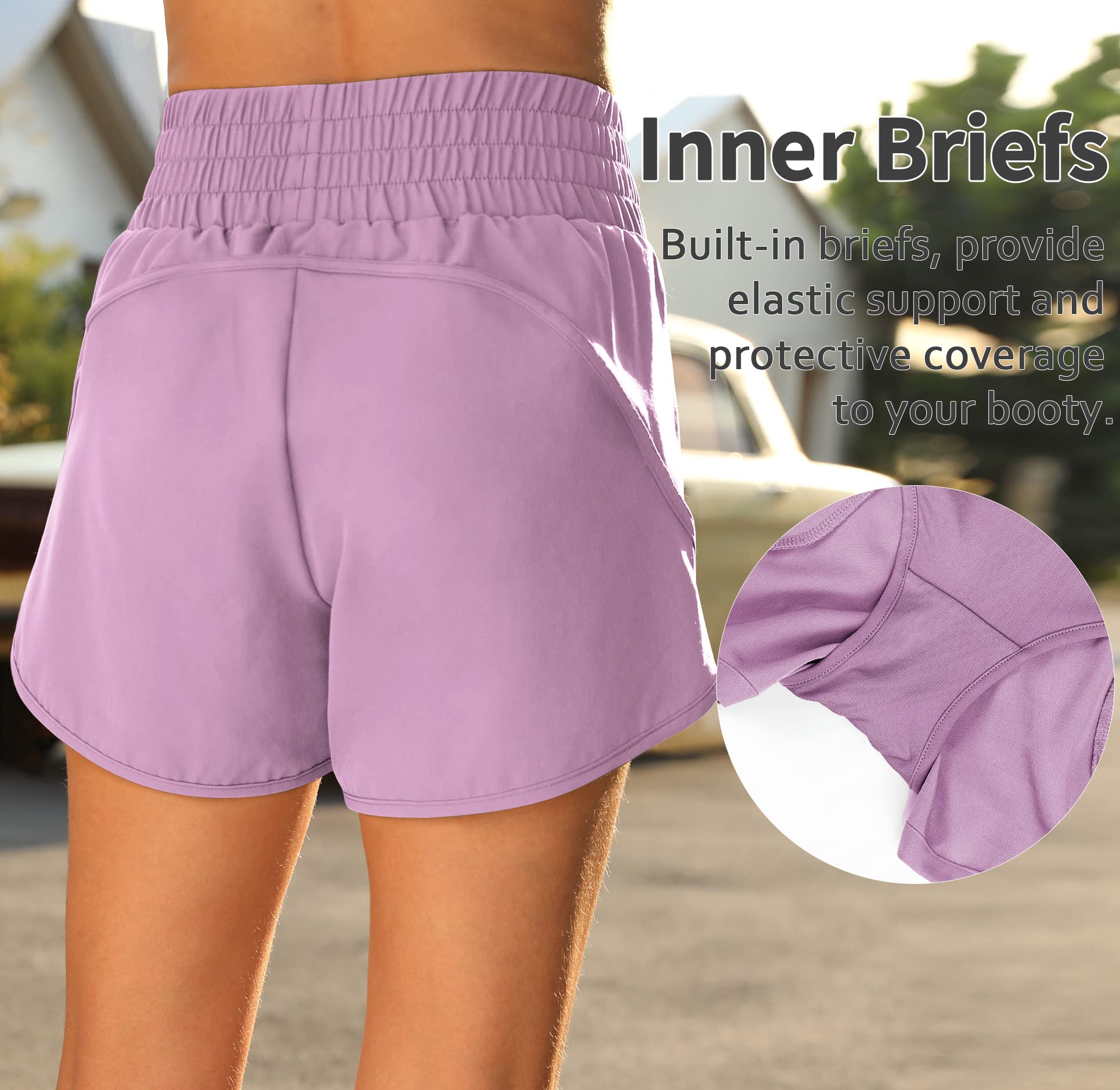 Fengbay Women's High Waisted Athletic Shorts with Pockets - Breathable Running Shorts for Gym, Workout & Sports - Stretchy Elastic Waistband - Black & Purple - Perfect for Jogging, Yoga & Active Lifestyle