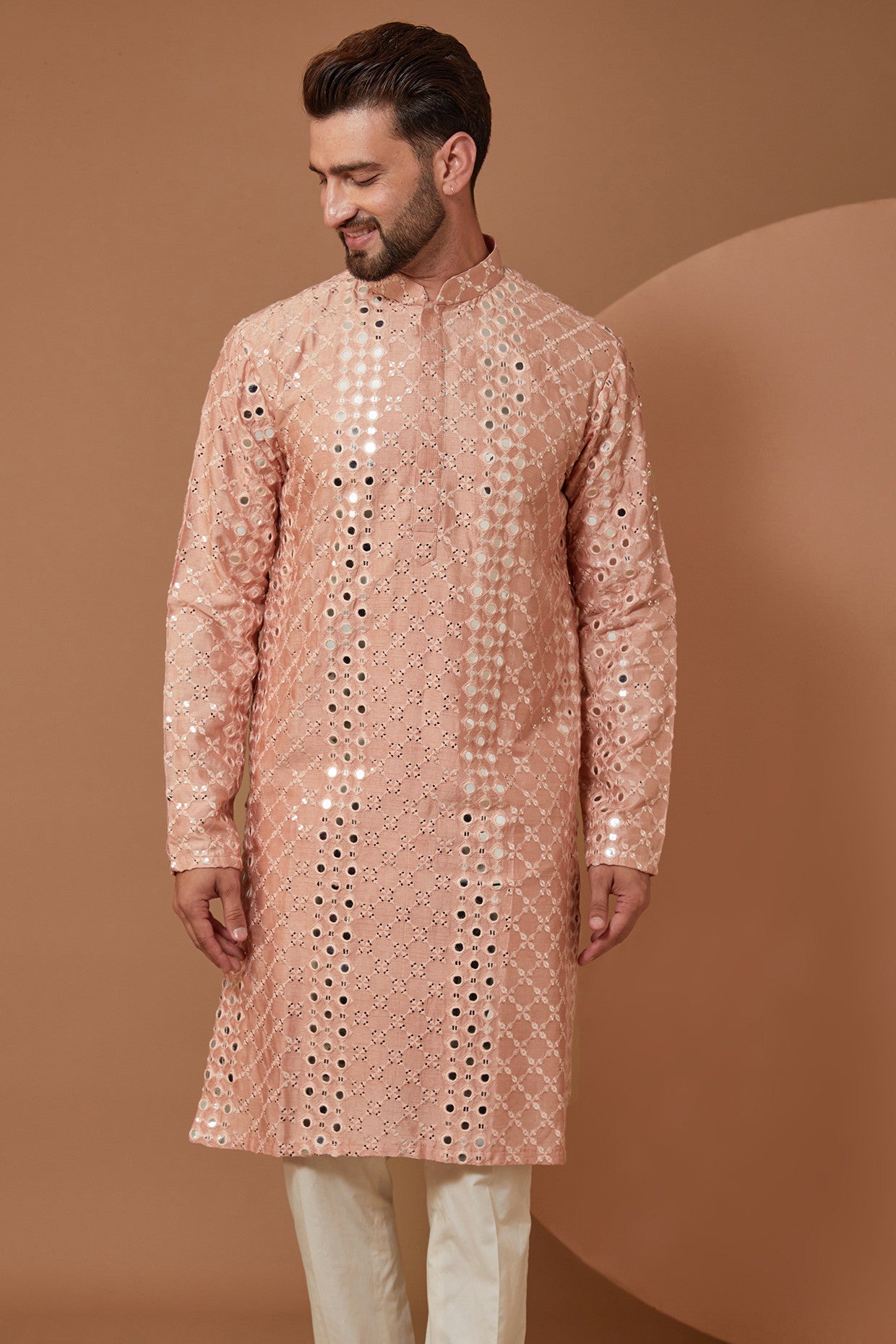 Peach Signature Mirrorwork Kurta - Embroidered Indian Tunic Top for Women | Perfect for Festivals, Weddings & Ethnic Wear