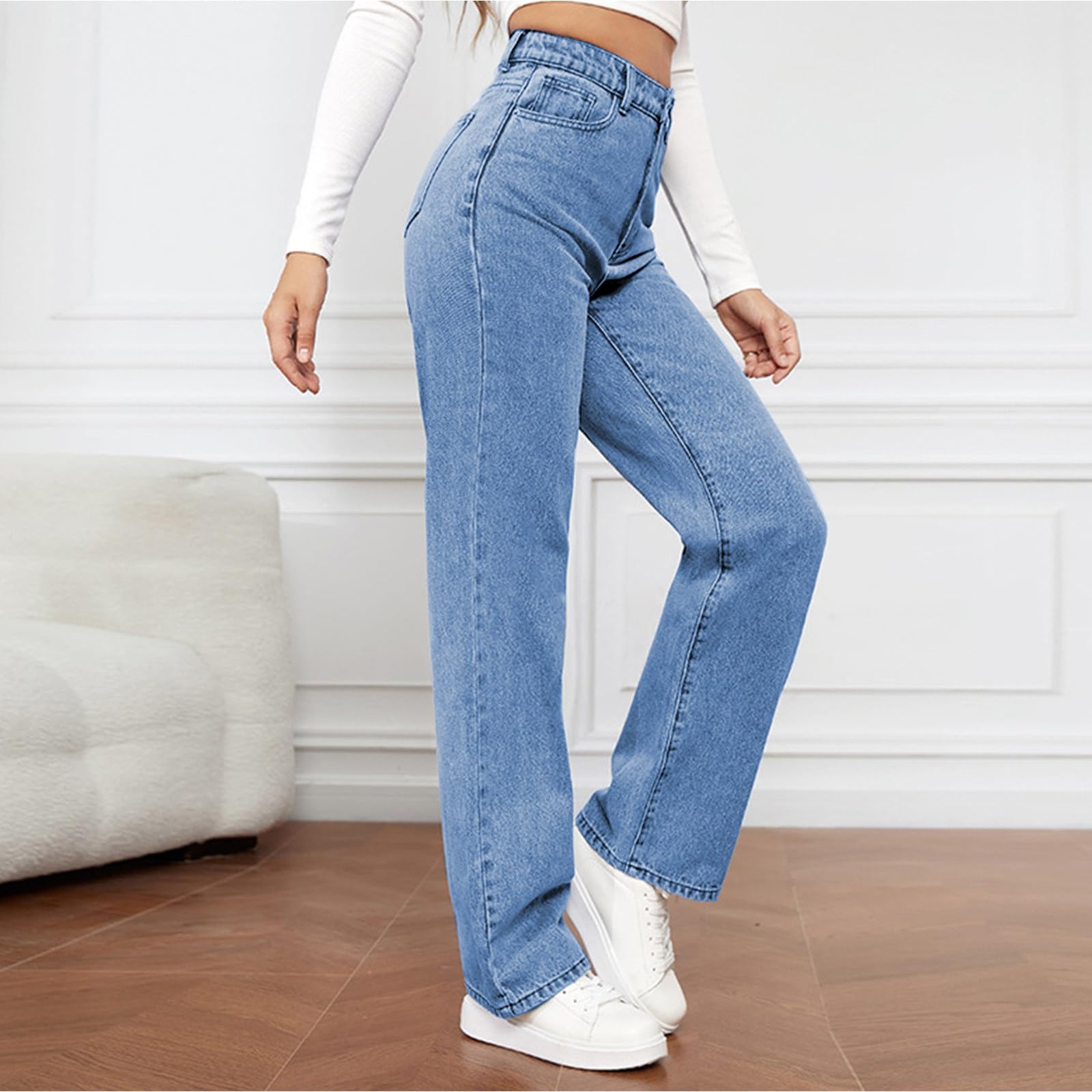 Women's Stretch Washed Denim Jeans - Elastic Waist Straight Leg Cropped Pants with Pockets | Comfortable & Stylish for Casual Wear, Office & Everyday Outfits