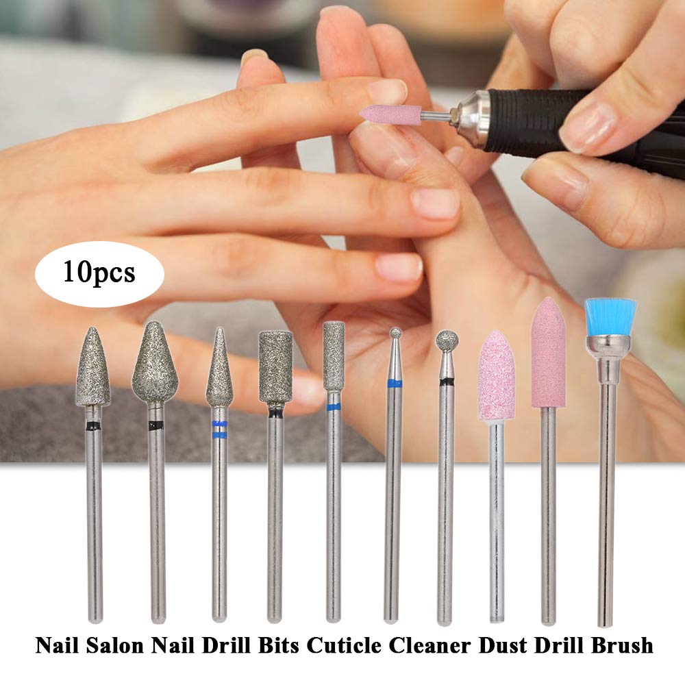 10PCS Professional Nail Drill Bits Set - Cuticle Cleaner, Dust Drill Brush, Rotary Polishing File & Grinding Heads for Manicure/Pedicure | Nail Salon & Home Use Tools for Acrylic, Gel & Natural Nails
