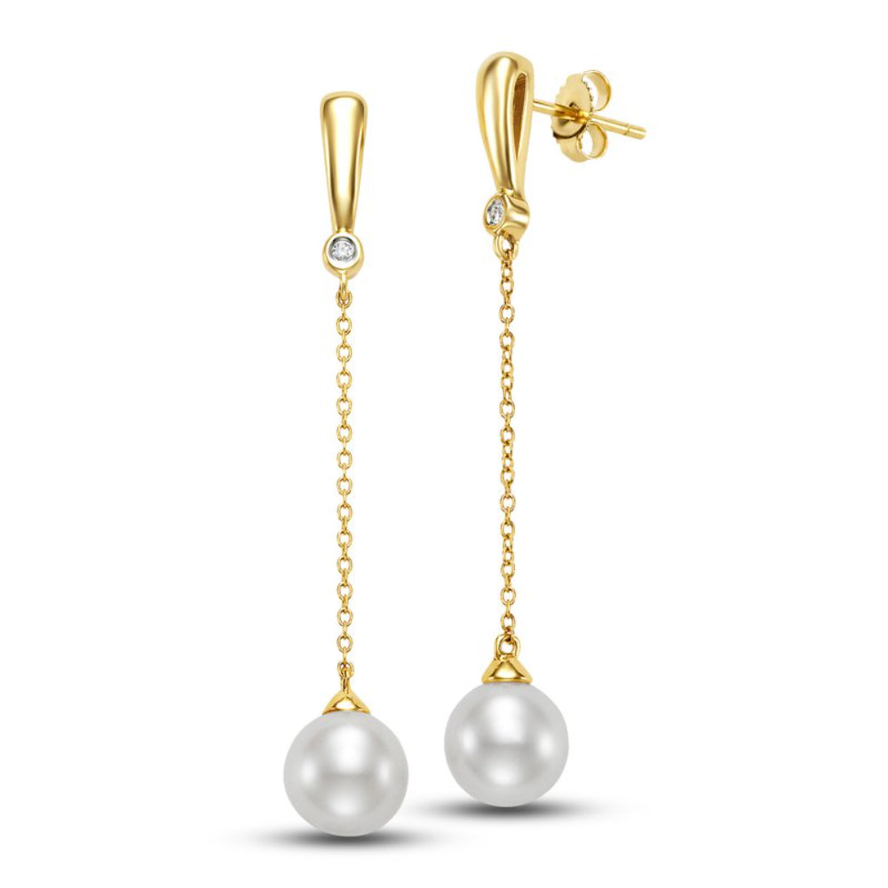 14K Gold Freshwater Pearl & Diamond Bezel Drop Earrings for Women - Elegant Dangle Earrings for Wedding, Party & Special Occasions