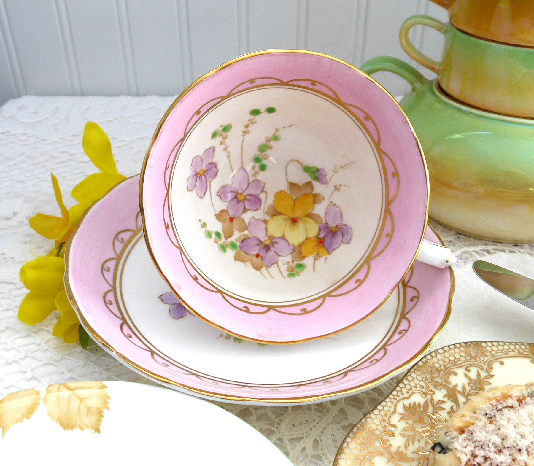 Vintage 1920s Bone China Cup and Saucer Set - Pretty Pink Floral Design with Tuscan Enamel Accents - Perfect for Afternoon Tea, Bridal Showers & Vintage Home Decor
