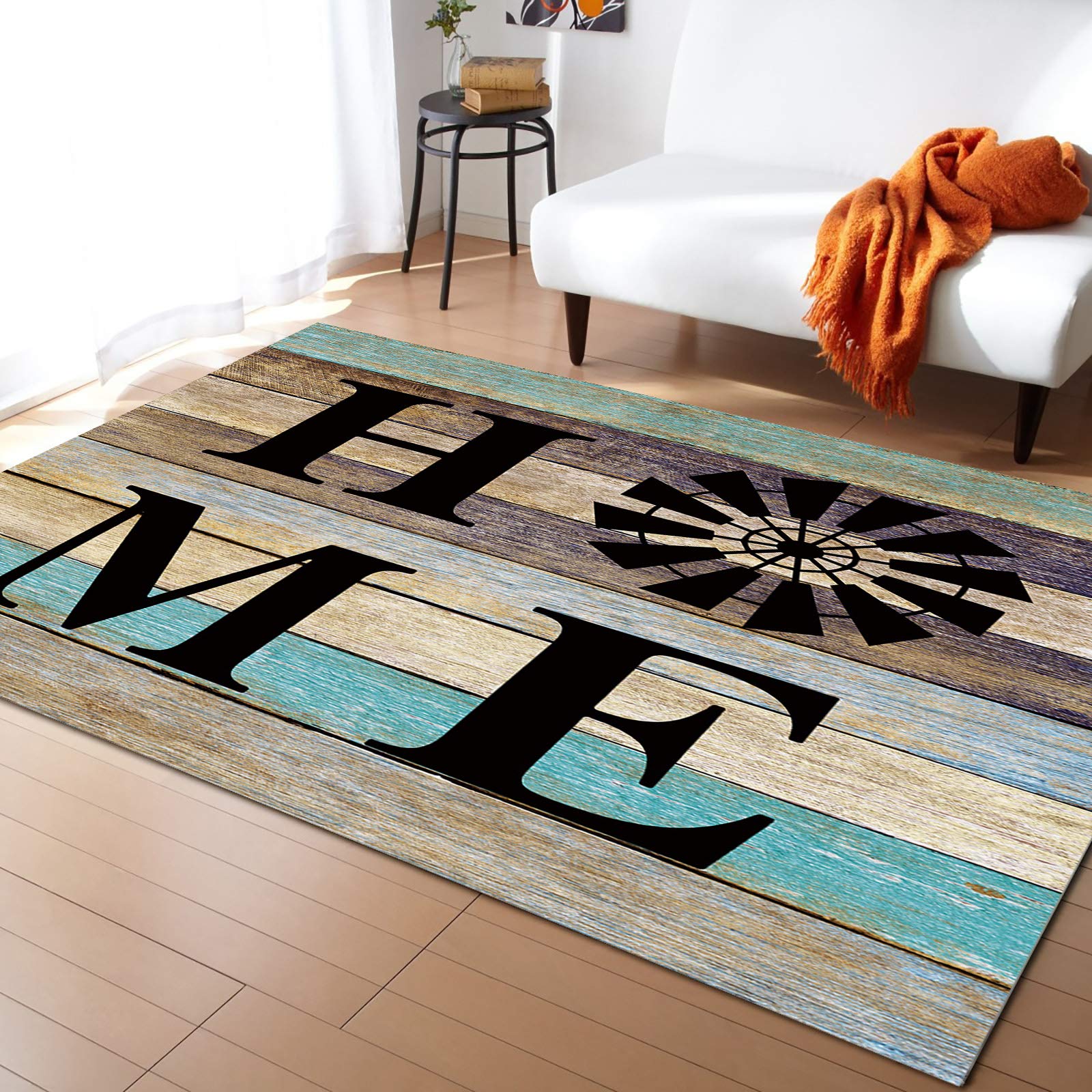 8×5ft Fluffy Non-Slip Area Rug - Ultra Soft Washable Indoor Carpet with Farm Windmill Silhouette Design for Living Room, Bedroom & Nursery Decor | Creative Word Art Retro Wood Plank Accent Rug - Perfect for Cozy Home Decor, Kids Play Area and Pet-Friendly Spaces